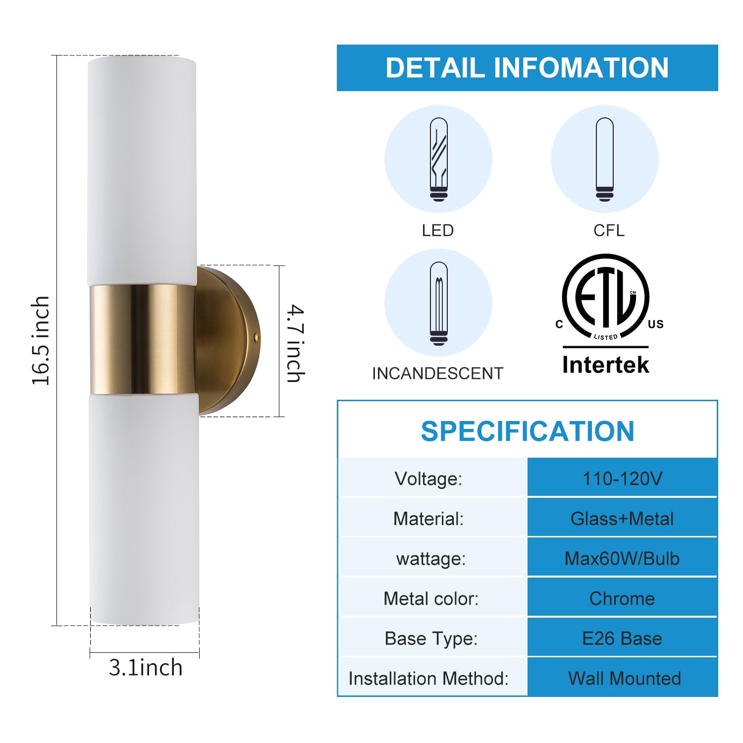 DANBEE Modern Wall Sconce 2-Light Fixture, Gold Metal, Frosted Glass, Model WL-004-GD, 1 Pack