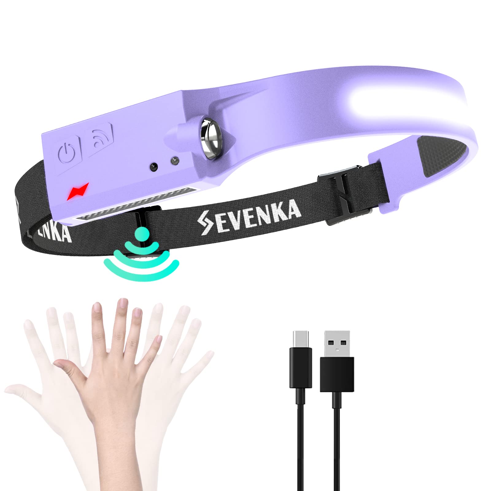 Sevenka Led Headlamp Rechargeable - 1000 Lumen, Adjustable, Lightweight, Motion Sensor - Purple