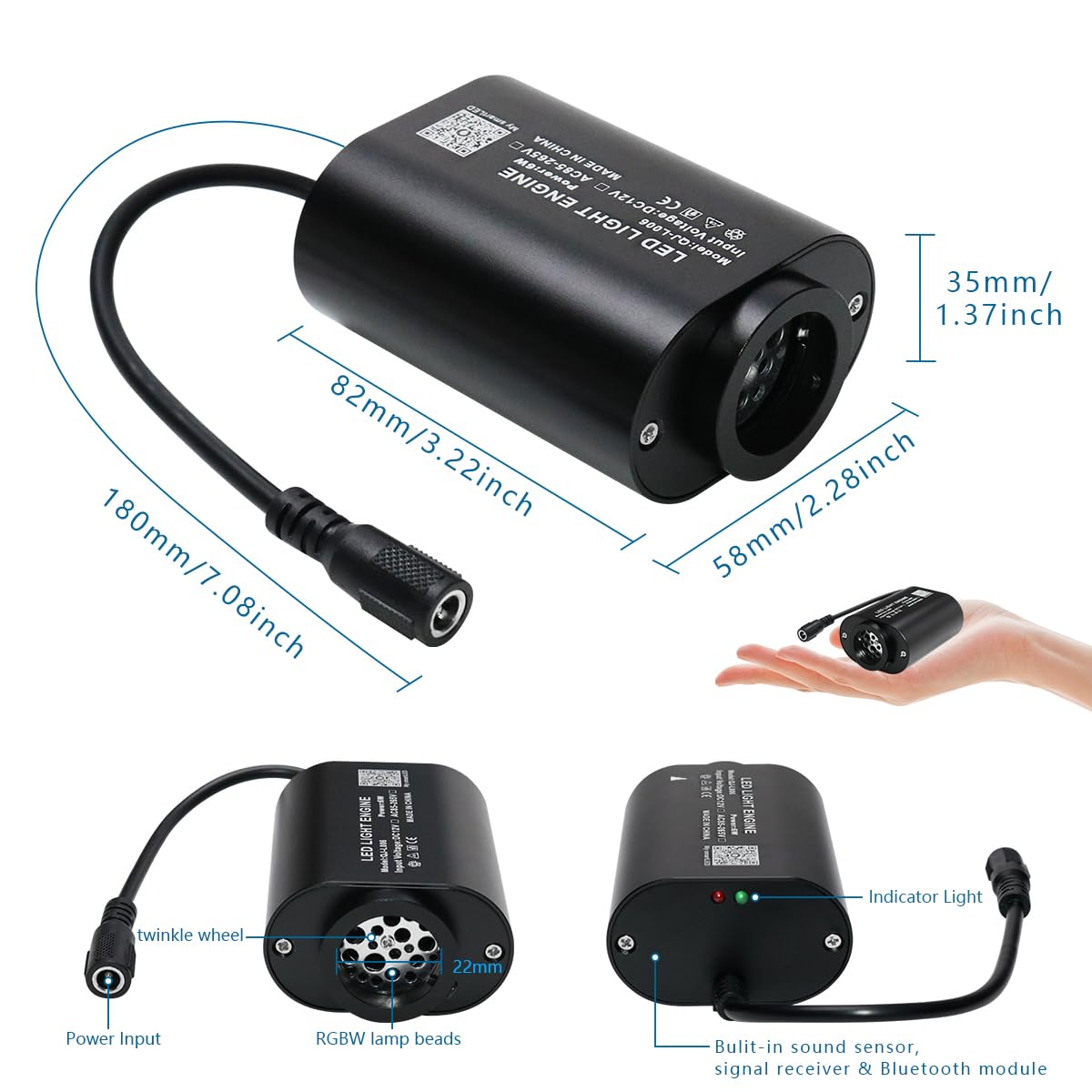 AKEPO Mini Fiber Optic Light Engine, 6W Twinkle, RGBW Bluetooth Control, Music Sync, Model QJ-L006