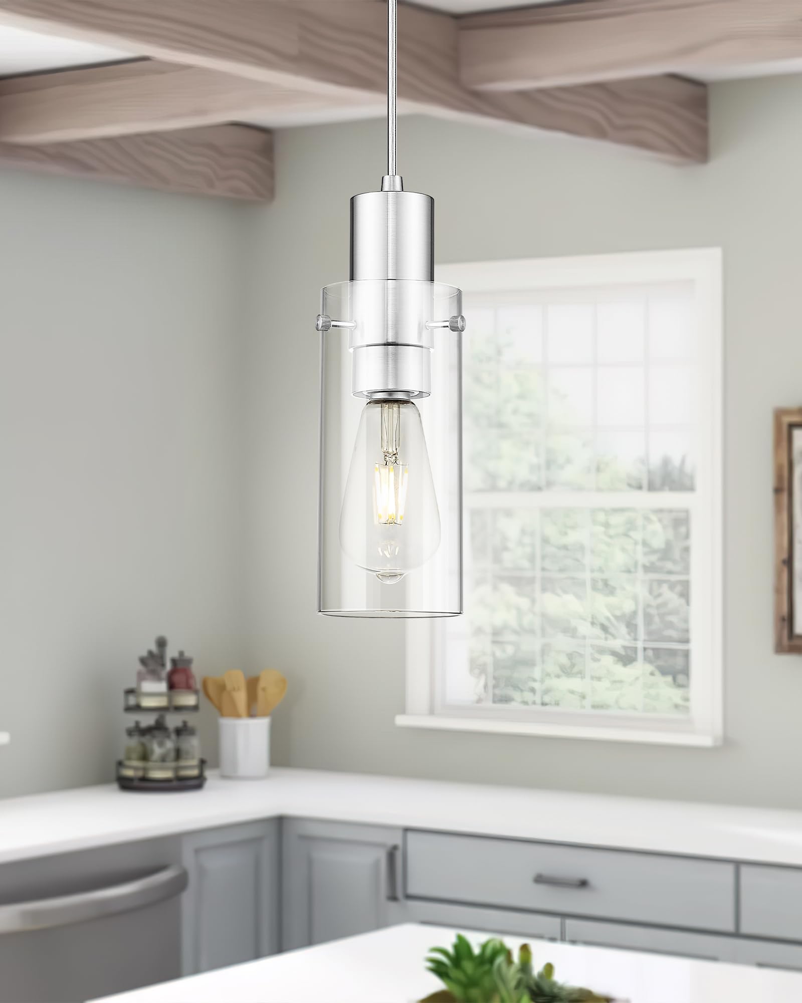 Emak Brushed Nickel Pendant Light Fixtures, Modern Mini Pendant Lights Kitchen Island With Clear Glass Shade, 2 Pack Hanging Lig