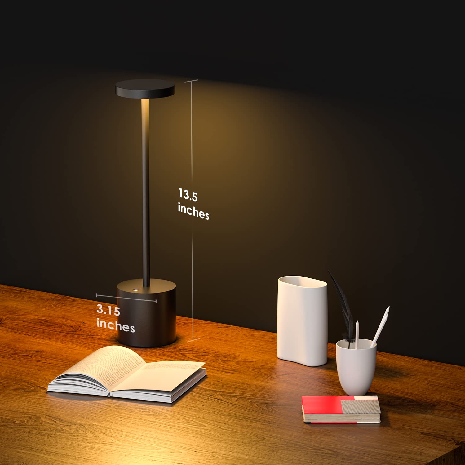 JALVDE Cordless LED Desk Lamp, 6000 mAh, 13.5 inches, 3-Level Dimmable Brightness, Black, Pack of 2, Model JL-S