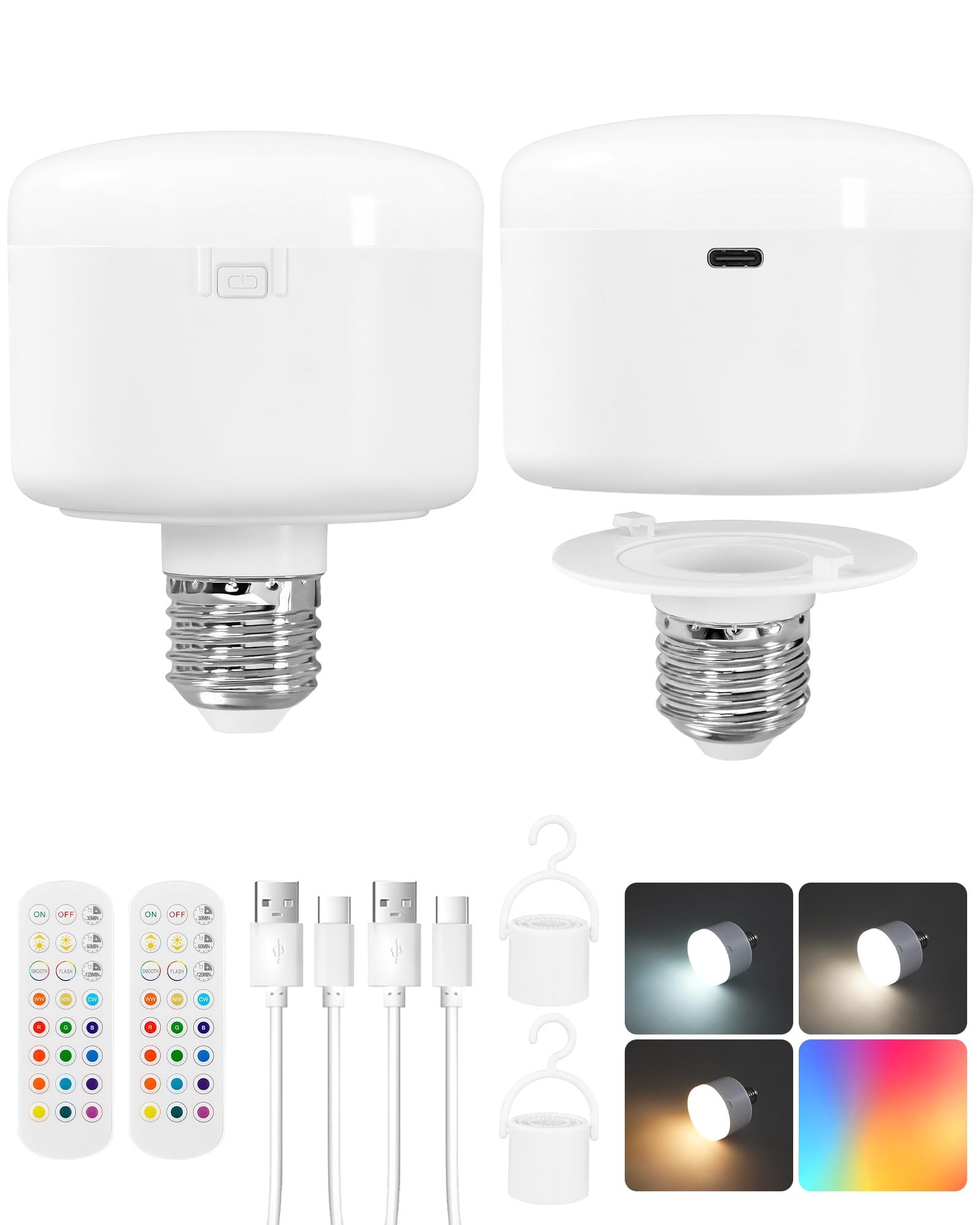 GOEBLESON Rechargeable LED Light Bulbs with Remote Control, 2 Pack 5400mAh Battery Operated Light Bulb E26, 3 Color Temperatures