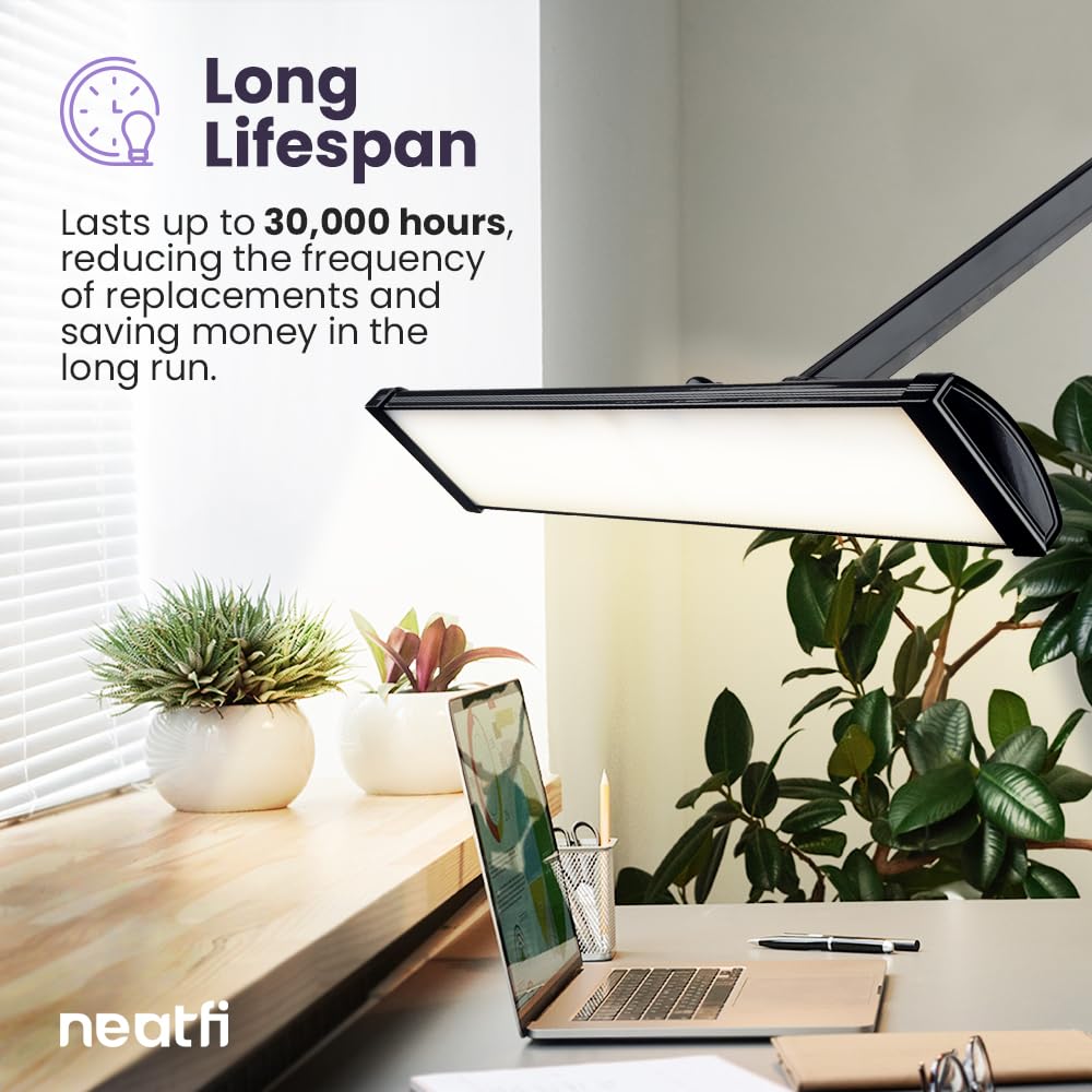 Neatfi LED Desk Lamp, 3,500 Lumen, Dimmable, 45W, 26 Inch Wide Metal Shade, Black