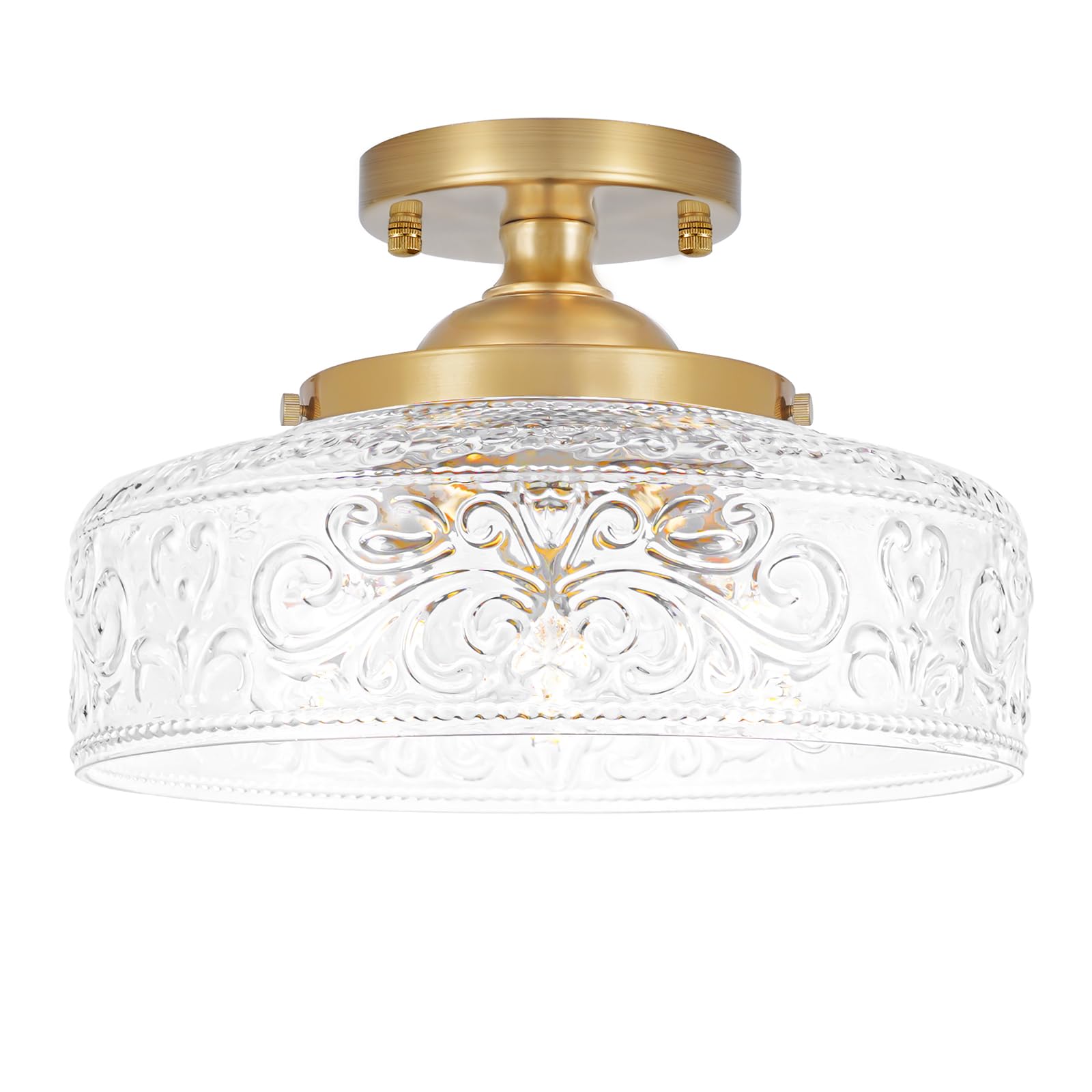 Gold Semi Flush Mount Ceiling Light  3-Light Close to Ceiling Light with Globe Glass  Vintage Hallway Lights  Brass Closet Light Fixture  Kitchen Flush Ceiling Mount for Entryway Bedroom Bathroom E12