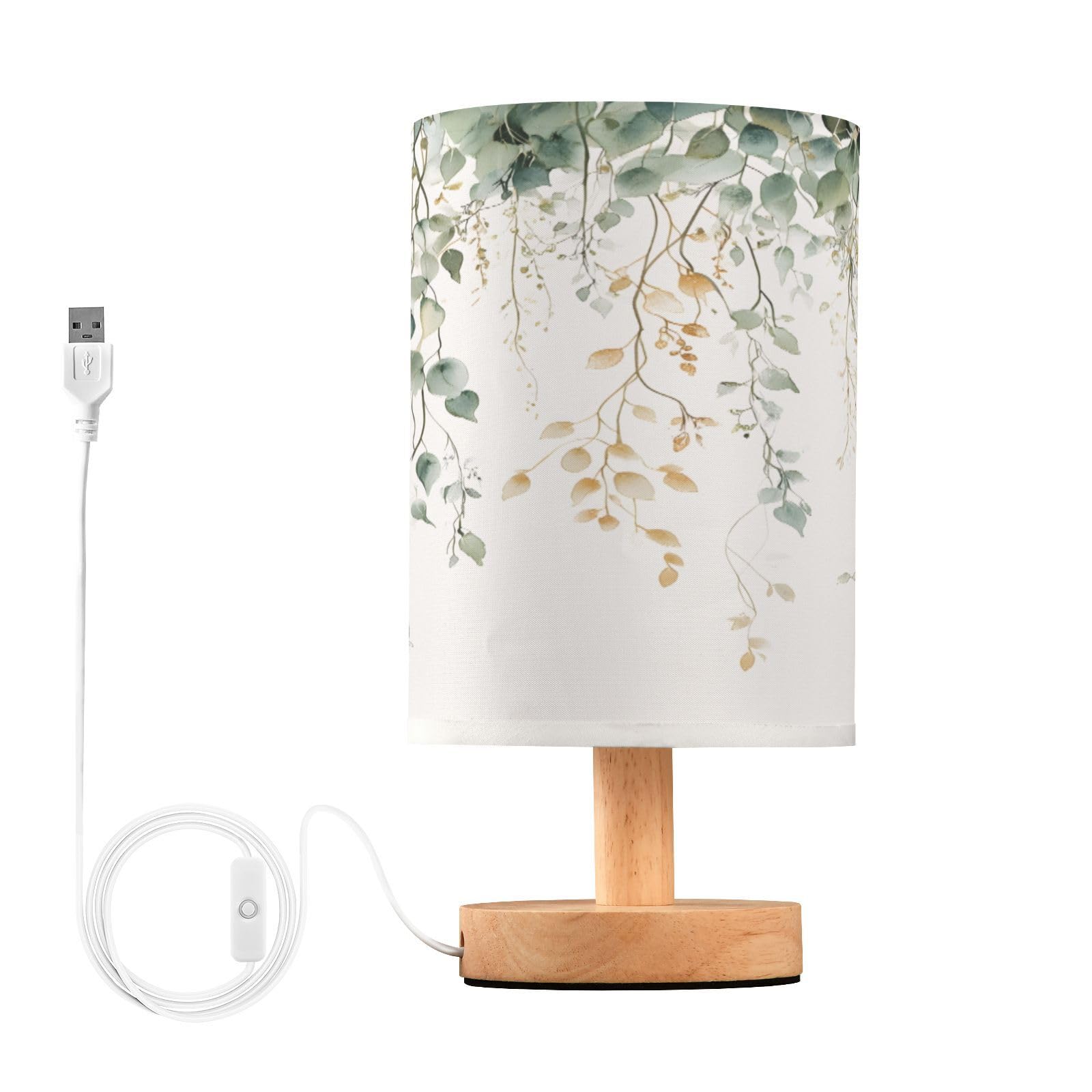 BOENLE Bedside Lamp Green Sage Leaves Table Lamp for Bedroom LED Nightstand Lamp Shade USB Ports Wood Base for Living Room Dorm 