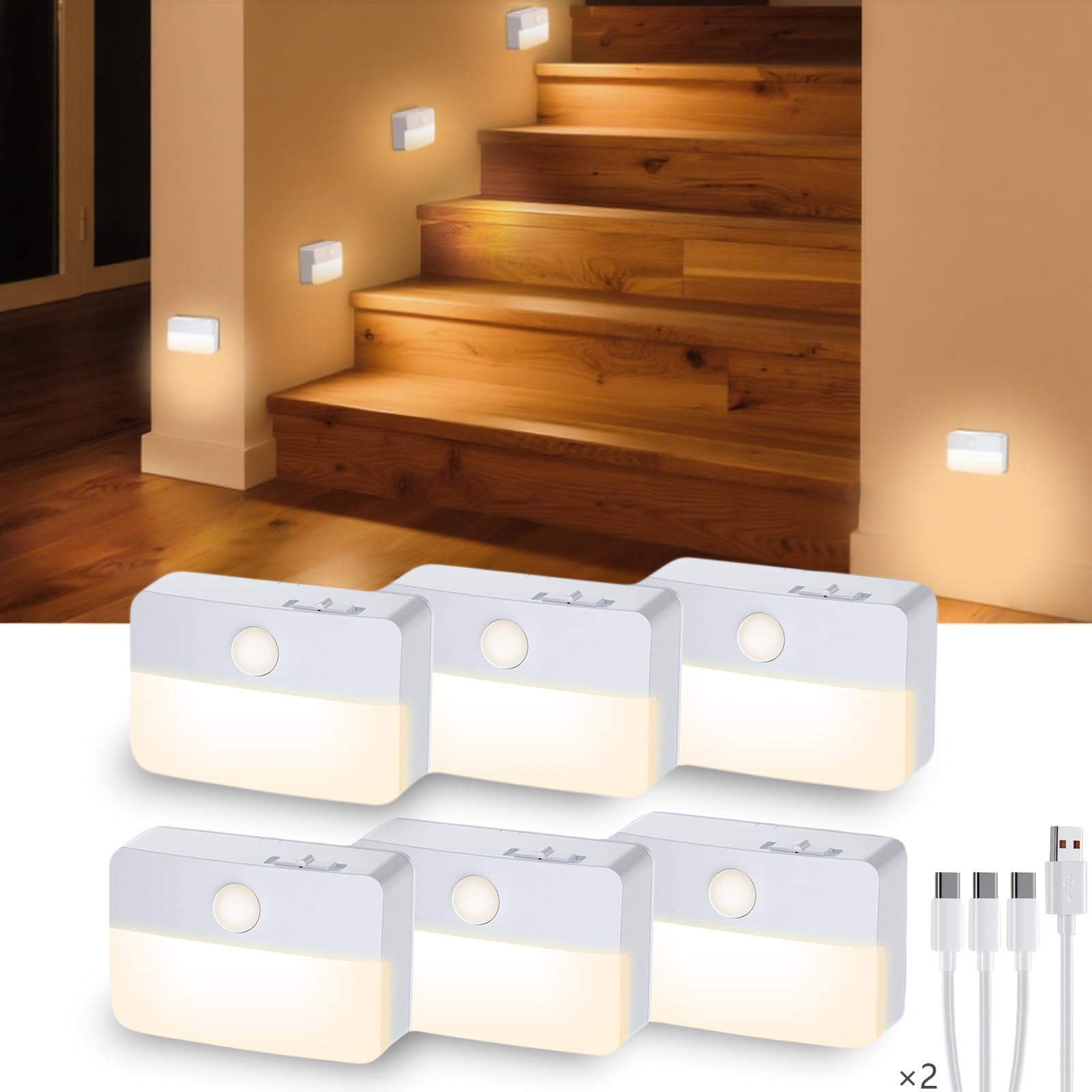 Coolilumi Motion Sensor Night Light Indoor, Rechargeable LED Stair Lights, Warm White Stick-On Closet Lights, Battery Operated H