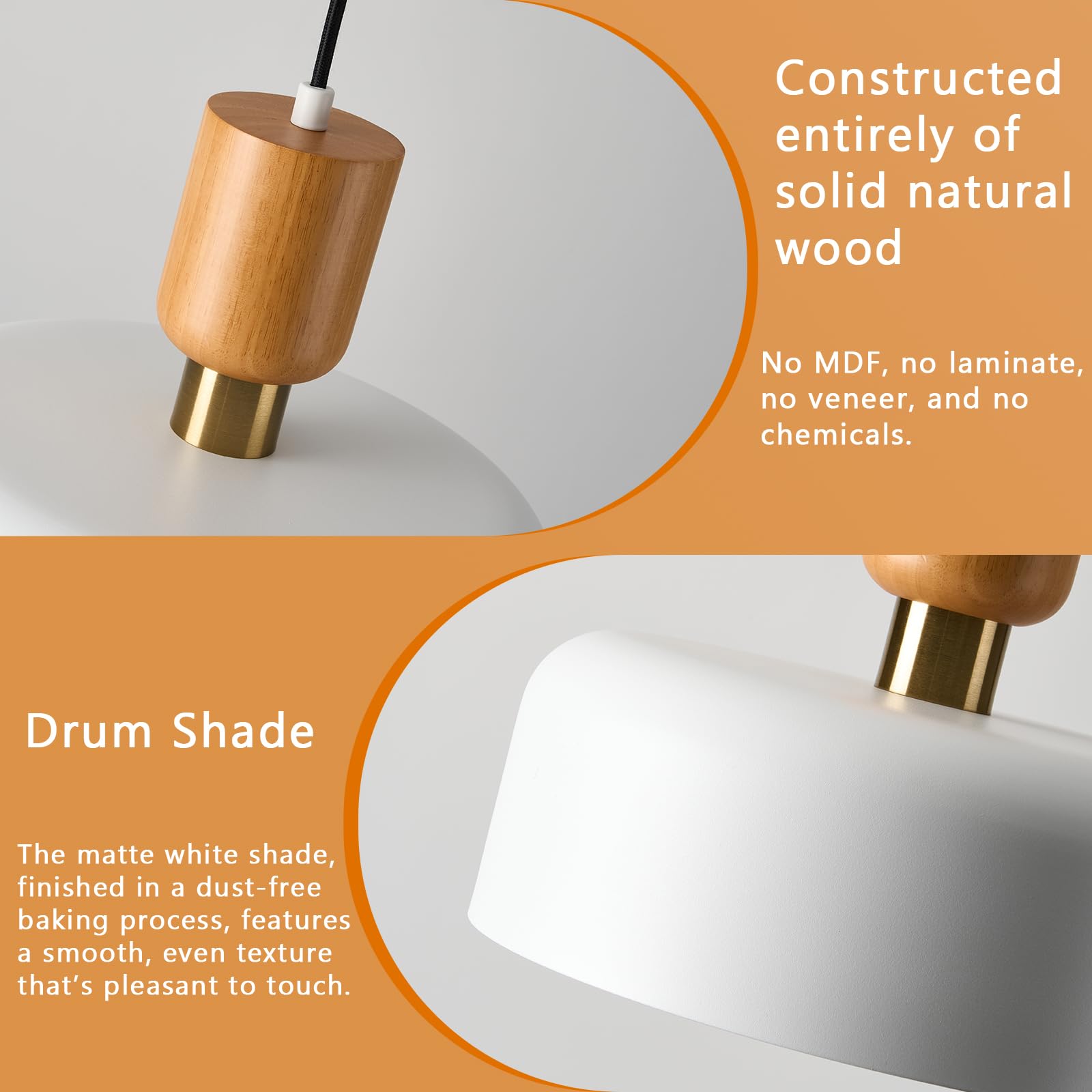 Tehenoo Modern Pendant Lighting,12 Inch,Natural Wood And Brass Accent,Adjustable Cord Pendant Light Fixture For Kitchen, Dining