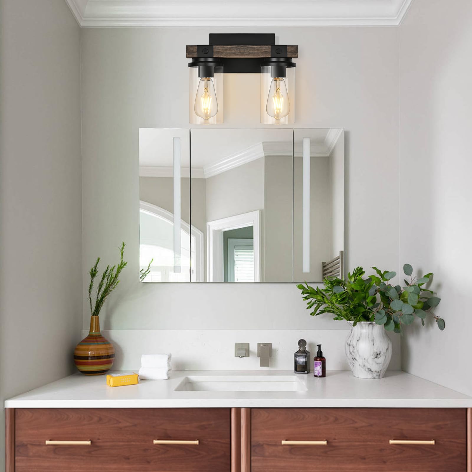 GoYeel 2-Light Wooden Wall Sconce - Rustic Bathroom Light Fixture with Clear Glass Shade, Industrial Wood Design for Hallway & Bedroom