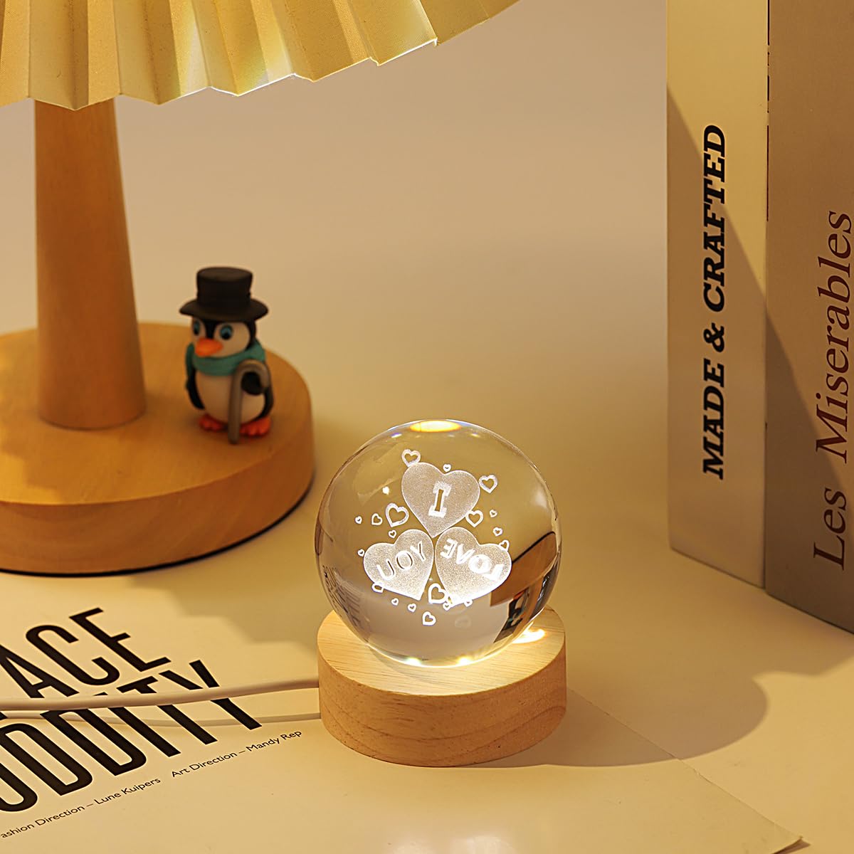Hochance 3D Heart Crystal Ball Lamp With Adjustable Brightness Led Wooden Base Night Light For Kids Teens mature-themeds Birthday Gift Home Desk Office Bedroom Decor (6Cm / 2.4 )
