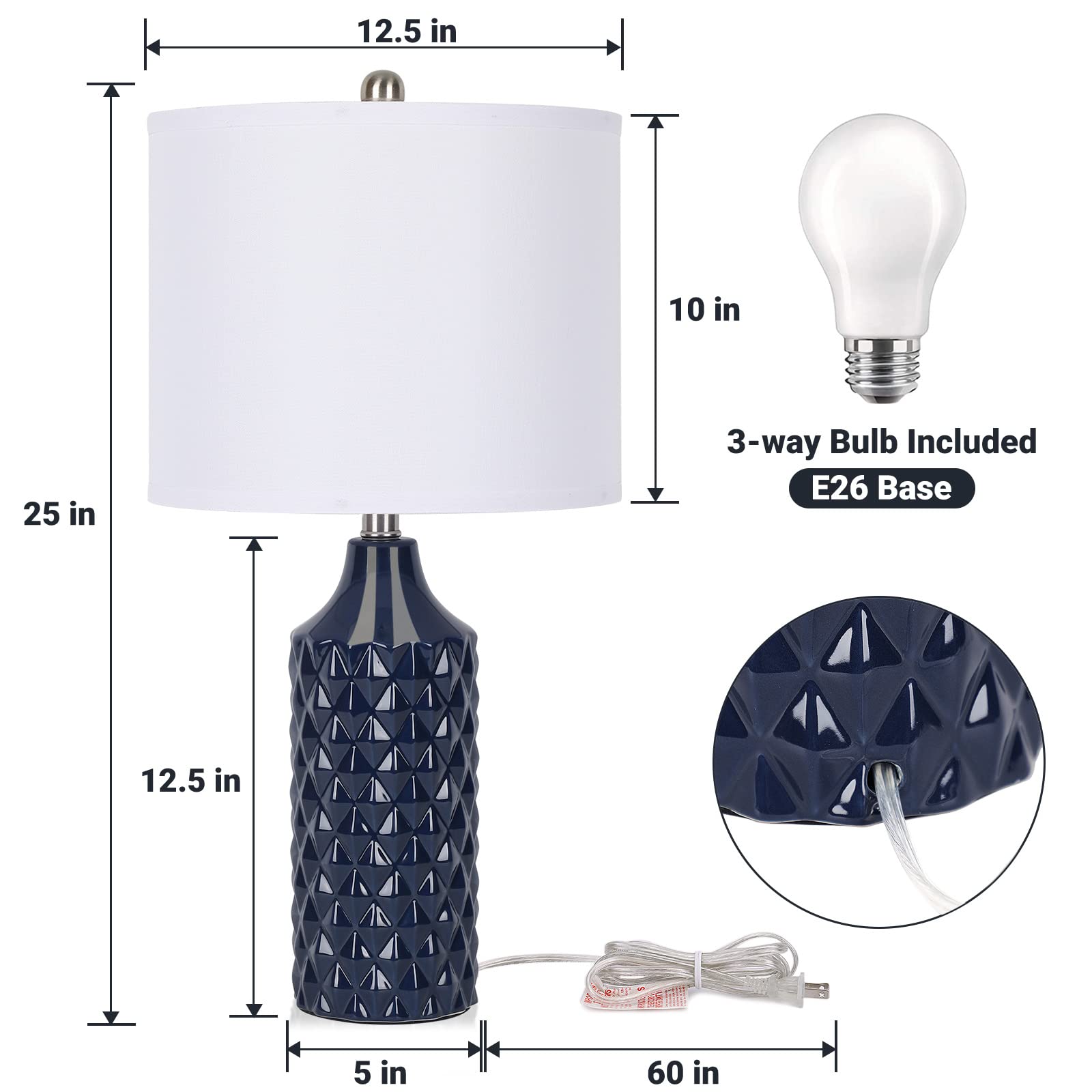 Qingmiao 25&quot; Navy Blue Ceramic Table Lamp Set Of 2 - 3-Way Dimmable Nightstand Lighting