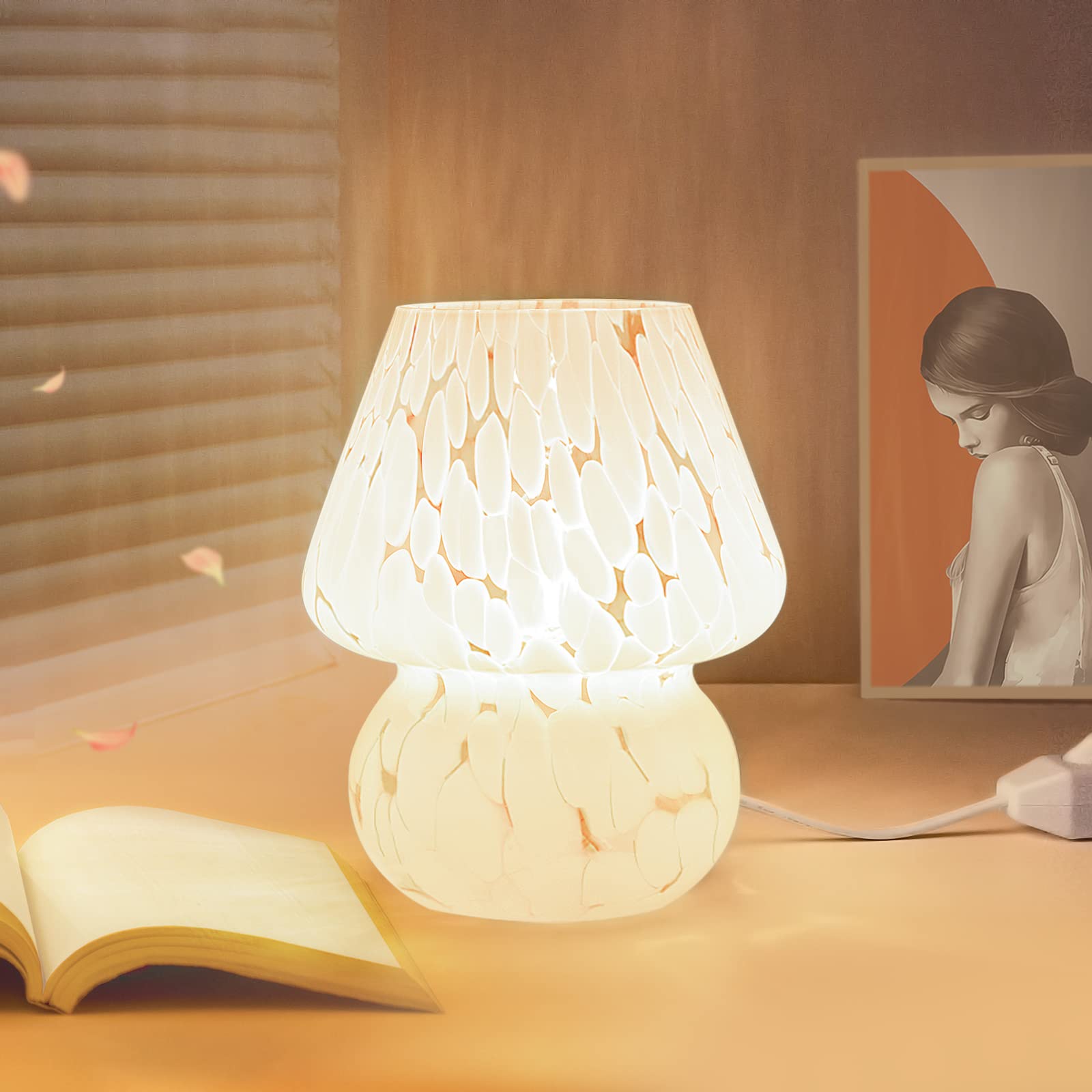 Onewish Cute Mushroom Lamp Small Bedside Table Lamp Set Of 2 Stepless Dimmable, Translucent Glass White Nightstand Lamp For Bedr