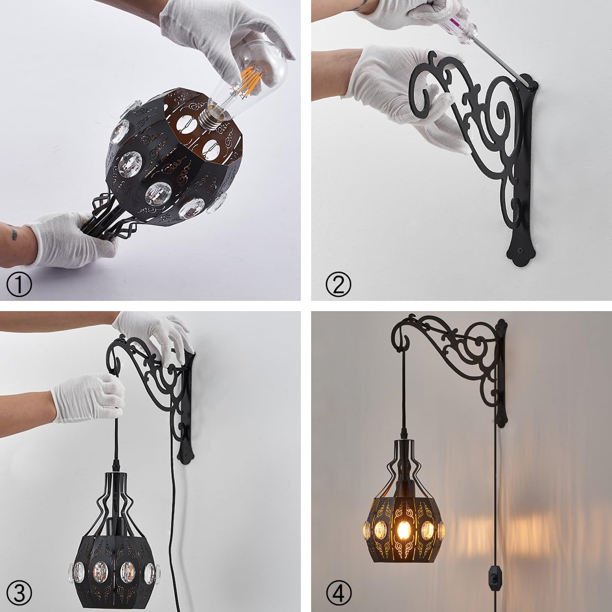 YLONG-ZS Crystal Plug-in Wall Sconce Lamp, Dimmable, Adjustable, Small Size, Metal, YLW13black