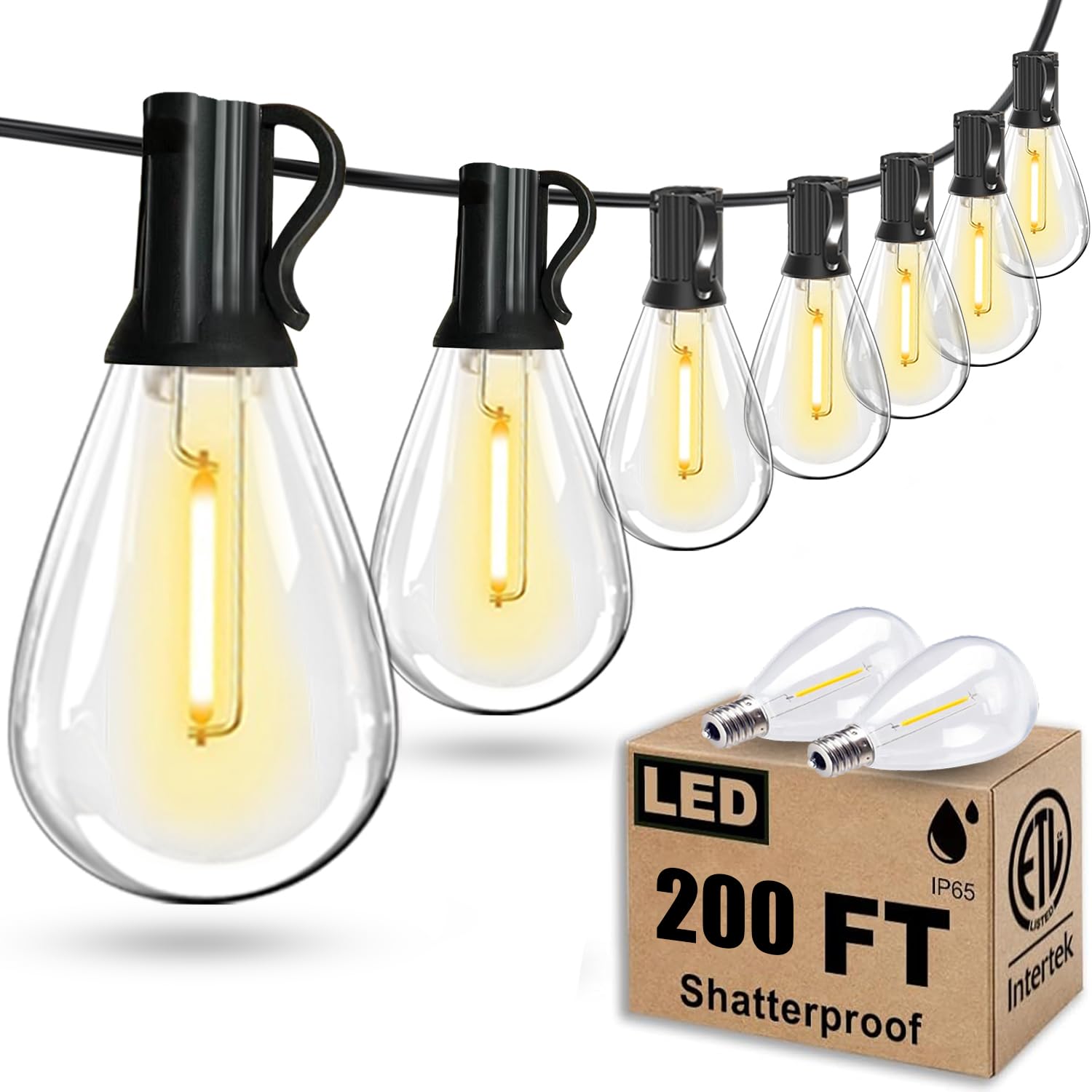Tenmiro Outdoor String Lights, 200FT, Waterproof, 60+2 Edison Bulbs, Black, Model: sample_sku_5471