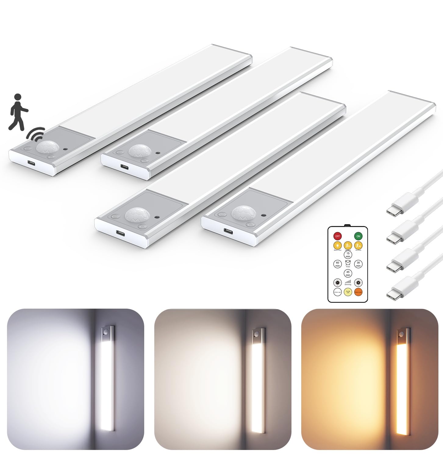 8'' Thin Motion-Activated Under Cabinet Lighting, Aluminum Alloy Under Counter Lights for Kitchen, 3-Color-Temps Magnetic Closet