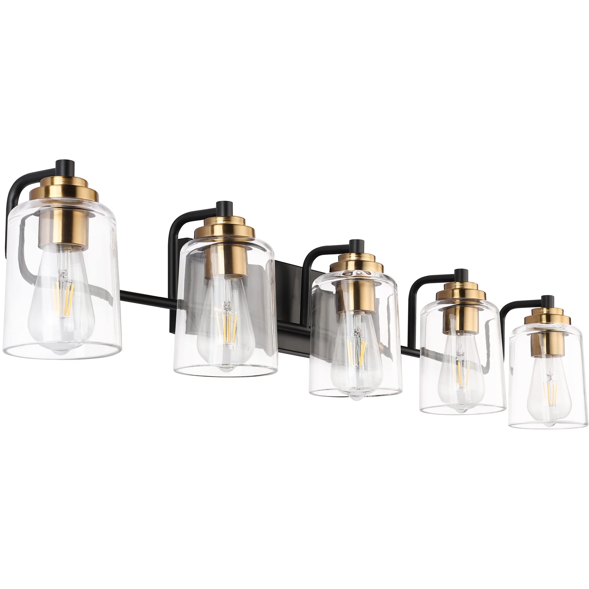 Solfart Vintage Vanity Lights For Bathroom 5 Light Bathroom Vanity Light Black Metal With Clear Glass Brass Fixtures Wall Mount