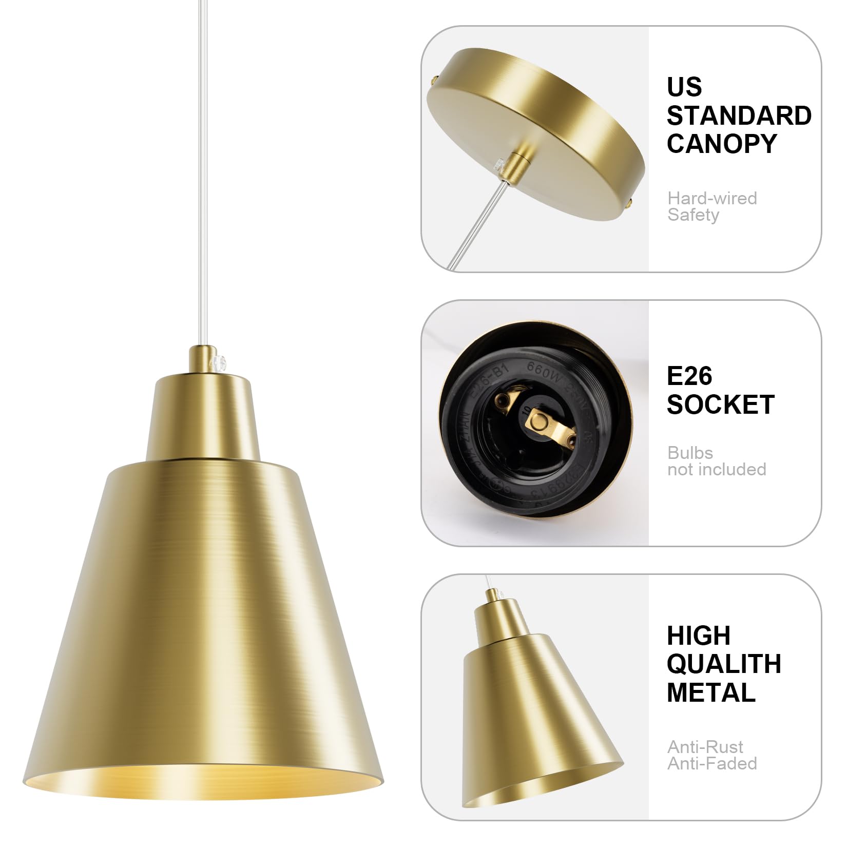 Brass Industrial Vintage Pendant Lights - Kitchen Island, Dining Table, Bedroom Bar - Black Metal Shade, 3 Pack