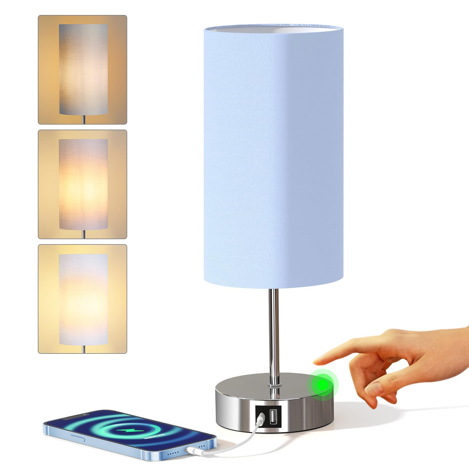 KPQ Bedside Lamp Touch Control with USB Ports & AC Outlet, 3-Way Dimmable, Linen Shade, Bright Silver Base/Blue Shade, Model T432