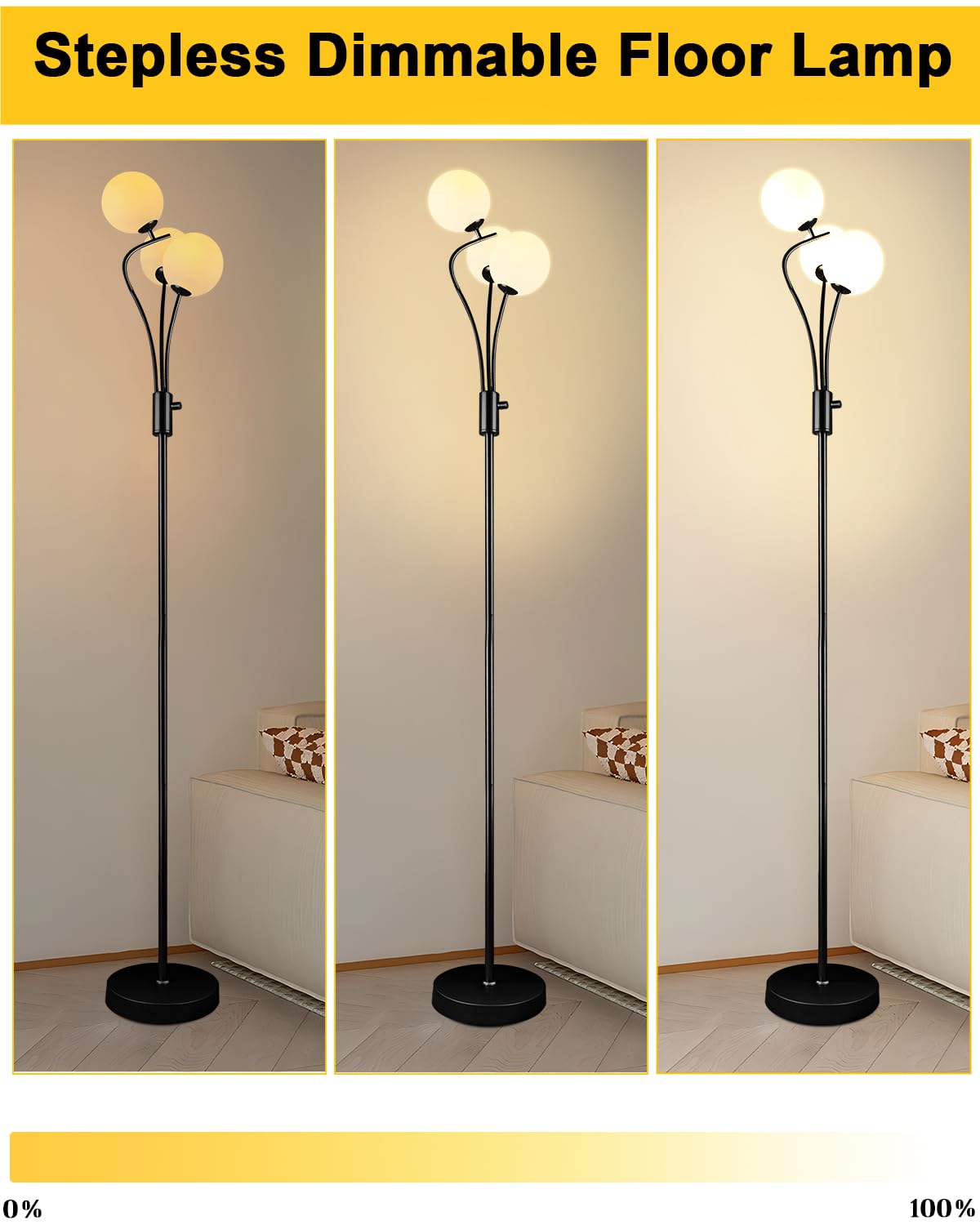 Lightdot Globe Standing Lamps With 3Pcs 3000K G9 Bulbs Stepless Black Dimmable Floor Lamp With Stable Base 3-Lights Modern Desig