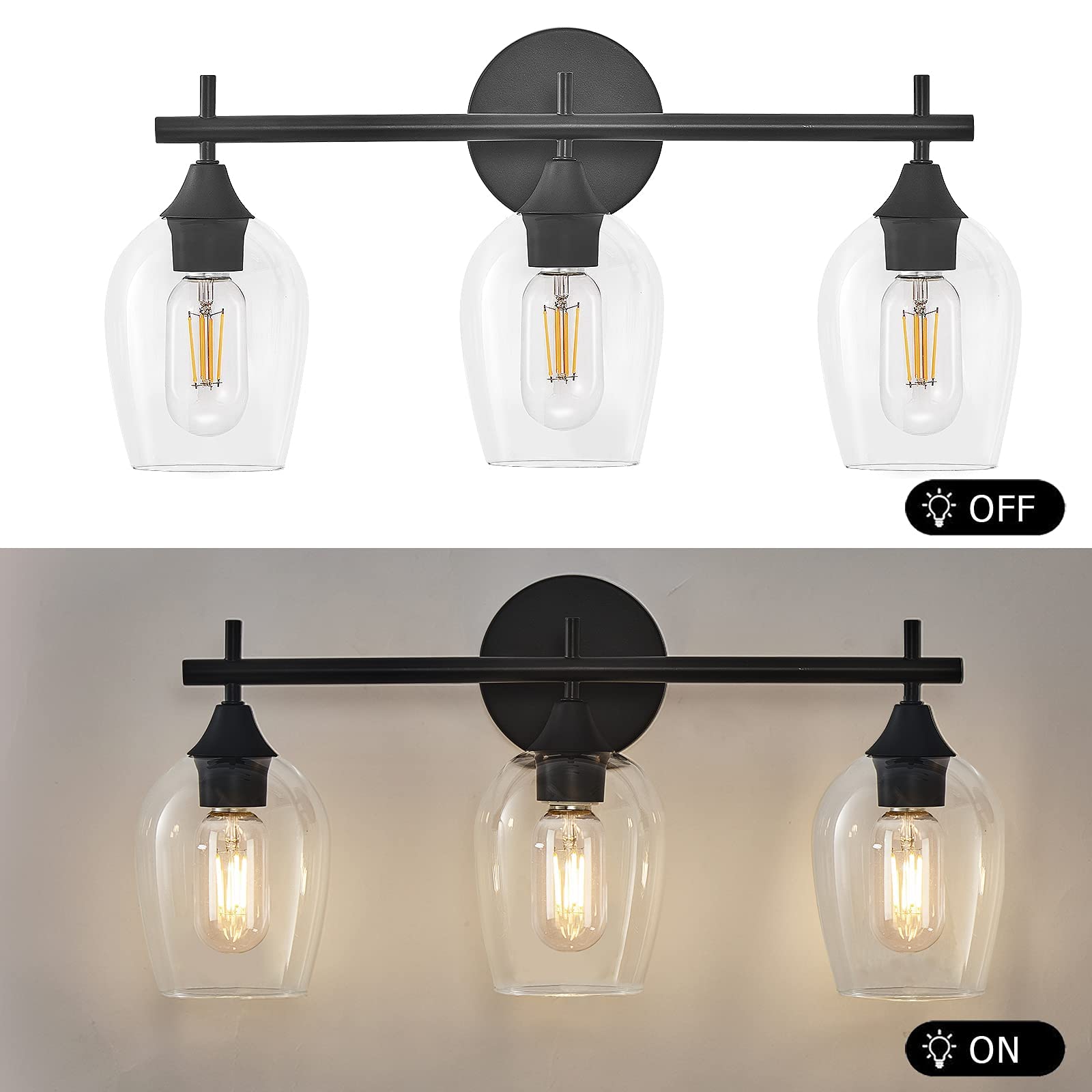 XGFOURSEVEN 3-Light Black Bathroom Lighting Fixture, Vintage Vanity Light with Clear Glass Shade,Modern Wall Lamp for Bedroom Ha