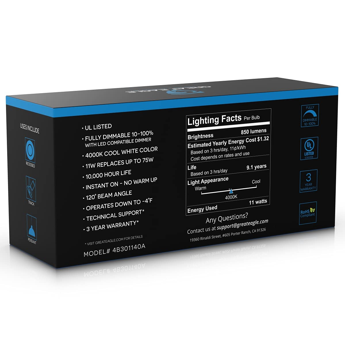 Great Eagle Lighting Corporation Br30 Led Bulb, 11W (75W Equivalent), 850 Lumens, 4000K (Cool White), For Recessed Can Use, Dimm