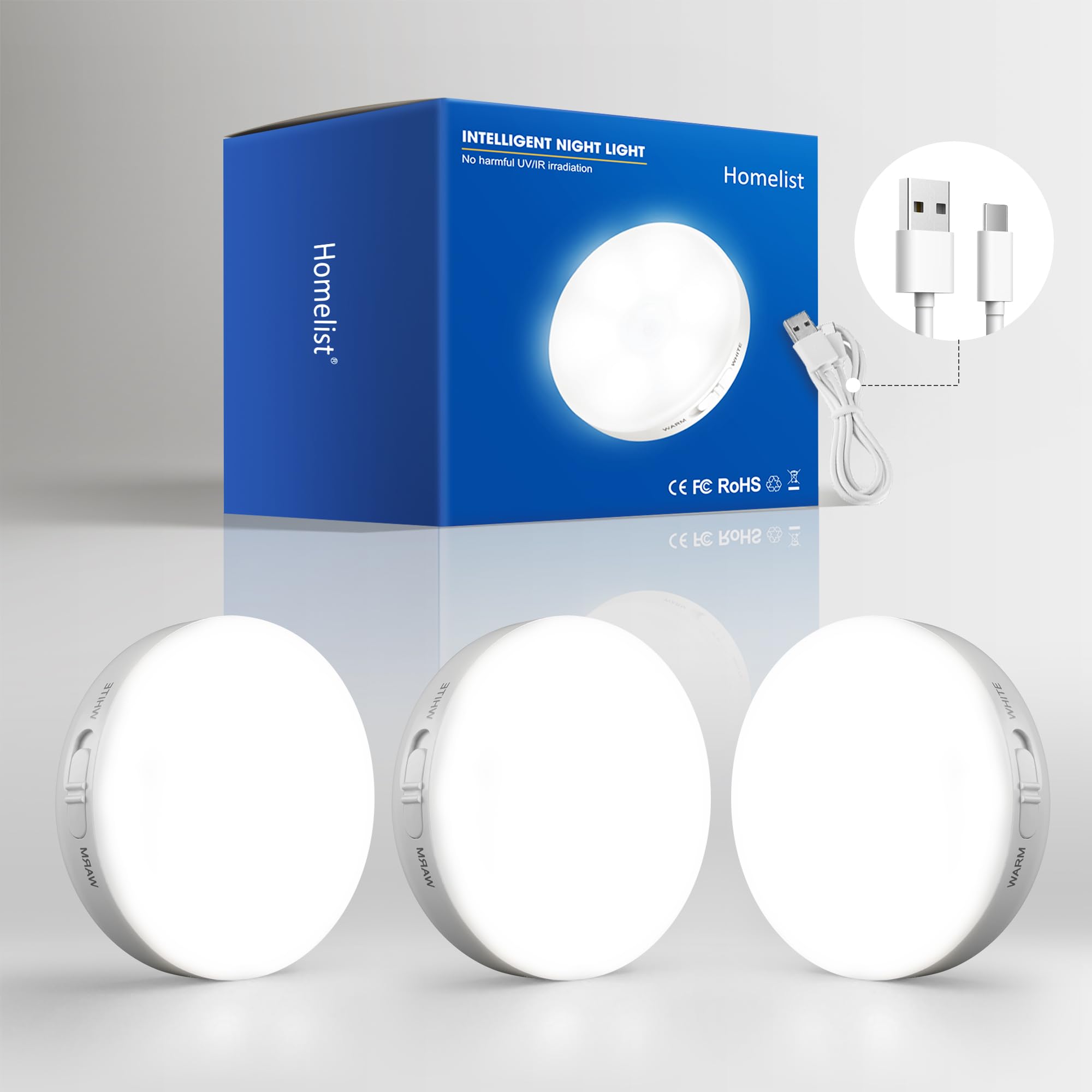 Homelist 3 Pack Motion Sensor Lights Indoor  Rechargeable Wireless LED Puck Lights  Battery Operated Motion Sensor Night Light for Closet  Stairs  Kitchen  Cabinet  Toilet