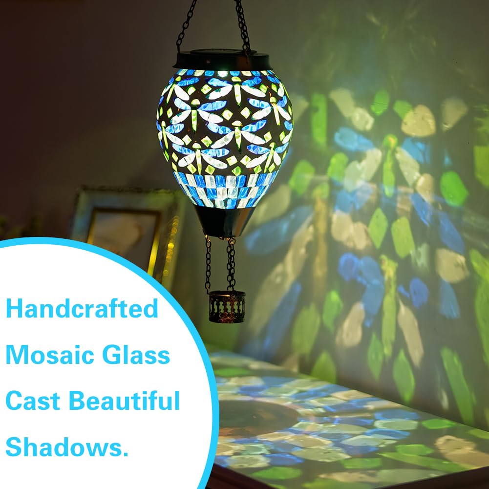 Starsoul Solar Lantern Hot Air Balloon - Mosaic Dragonfly Design, Outdoor Hanging Light for Garden Patio Party Decorations