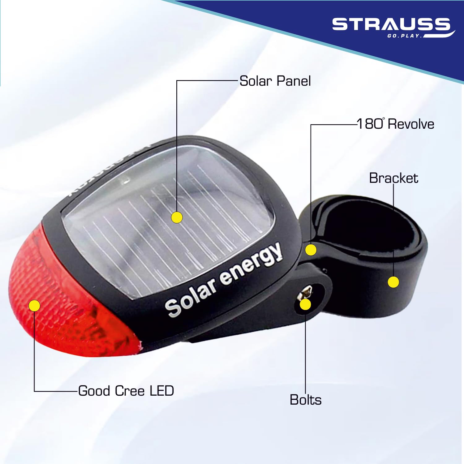 Strauss Bicycle Solar LED Tail Light (White) | Waterproof Rear Bike Light with 3 Light Modes | Cycling Safety Light with Fast-Ch