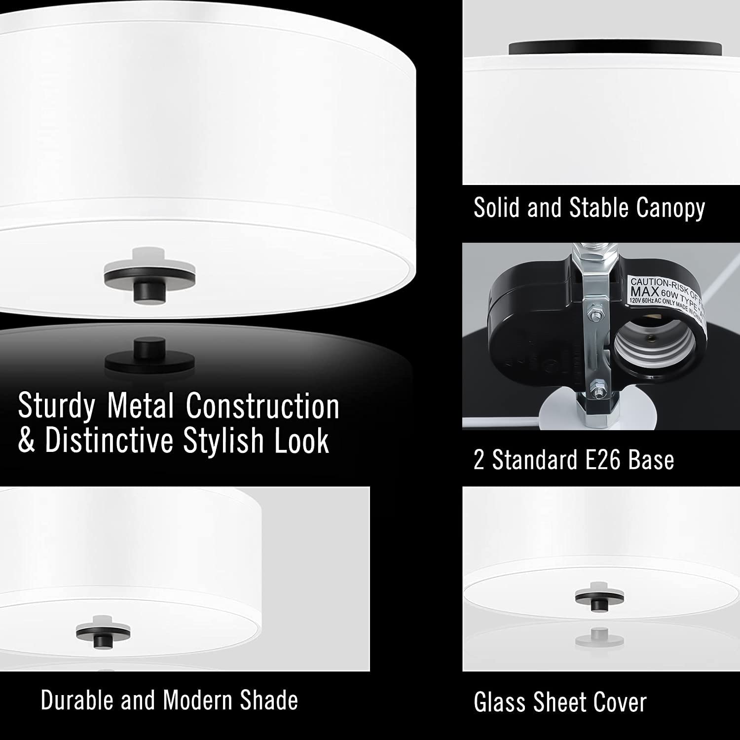 Lodstob 2-Light Flush Mount Ceiling Light Fixture, 12in White Fabric Shade, Model 737655774719