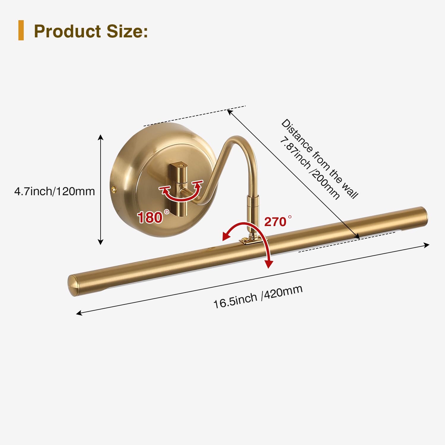 JOOSENLUX Brass Modern Picture Light 16.5" LED Wall Lamp, 9W, Warm White 3000K, Hardwired, Model 7940