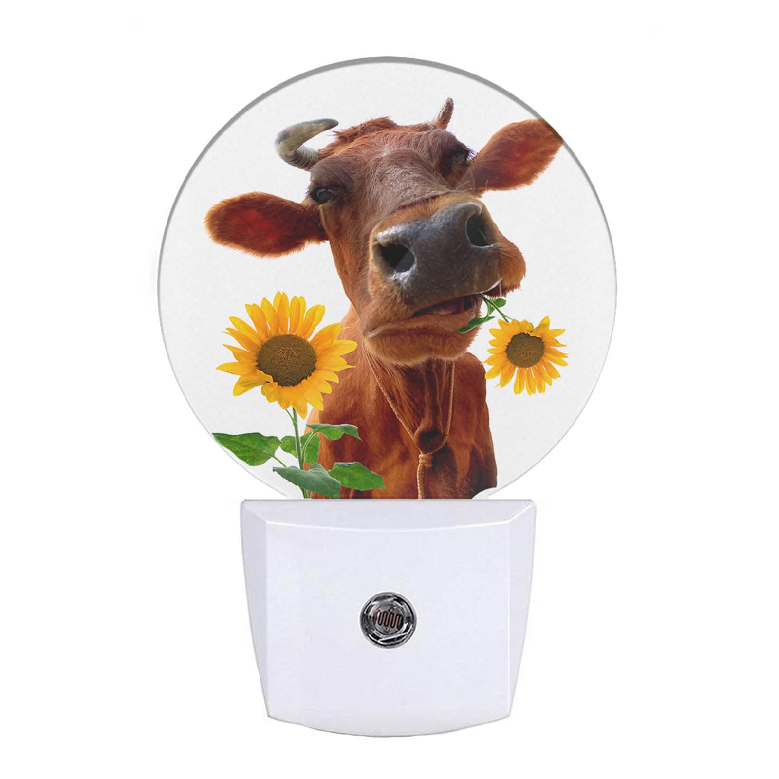 EKOBLA Yellow Cattle LED Night Light Cute Farm Animal Cattle Bite Sunflower Dusk to Dawn Night Lamp Auto Sensor for Home Indoor 