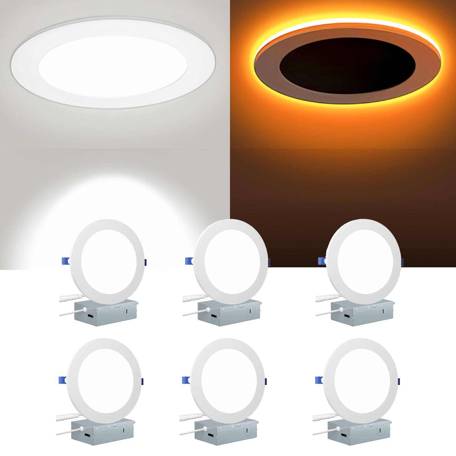 HONZIN 6 Pack 4 Inch Led Recessed Lighting, 5CCT Ultra-Thin LED Recessed Ceiling Light with Night Light, 5 Color Temperatures Di