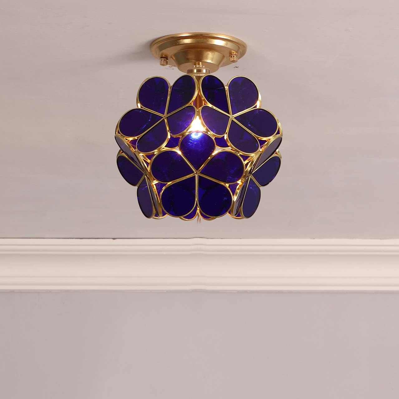 Bieye L10898 Flower Petals Tiffany Style Stained Glass Close To Ceiling Light, 8-Inch Wide (Dark Blue)