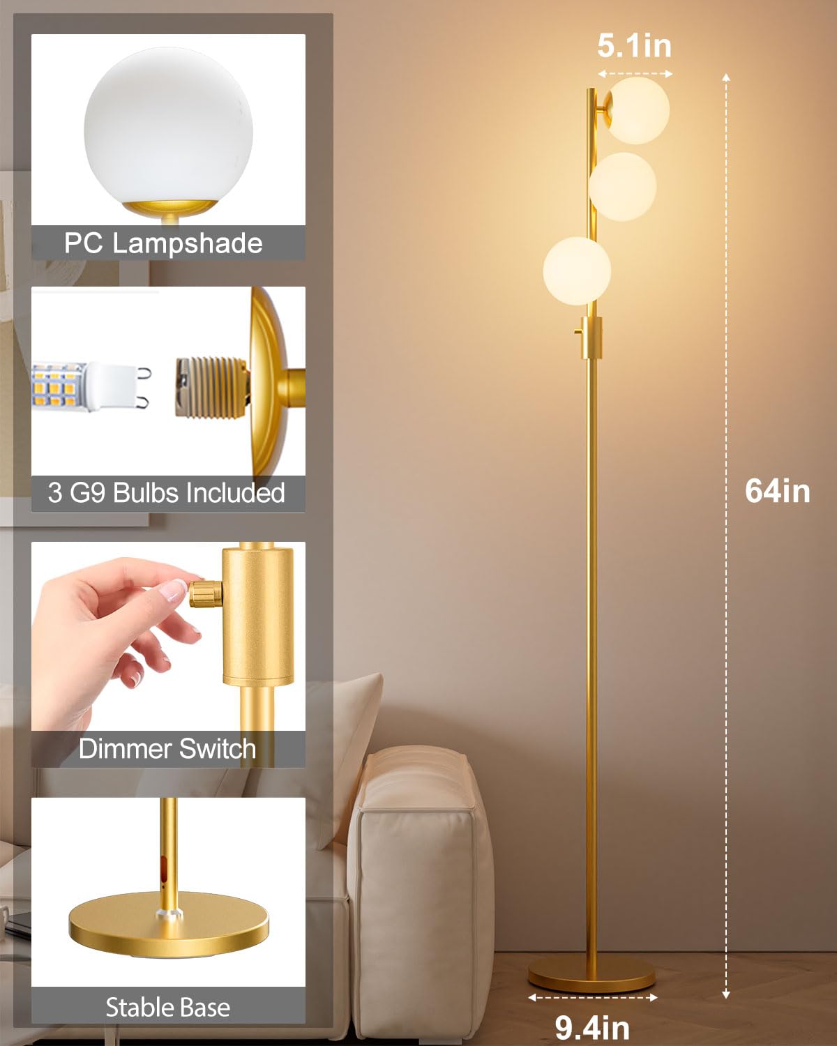 Acohook 64In Dimmable Gold Floor Lamp, Tall Standing Lamps With 3 Globe Soft Warm White Eye Care 3000K G9 Bulbs, Mid Century Mod