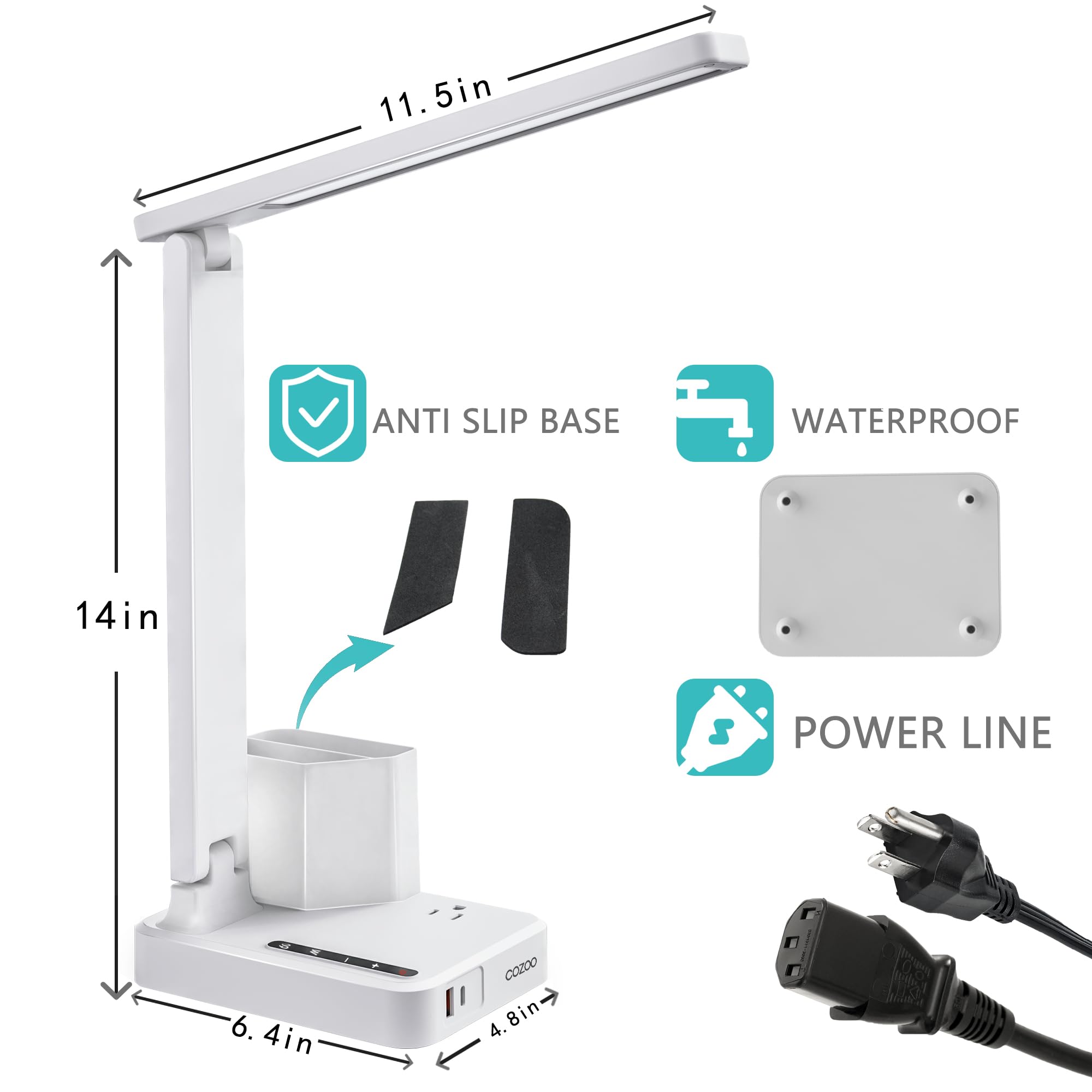 COZOO LED Desk Lamp with 2 USB Ports, Type C, 1 AC Outlet, 3 Color Temperatures, Touch Control, White
