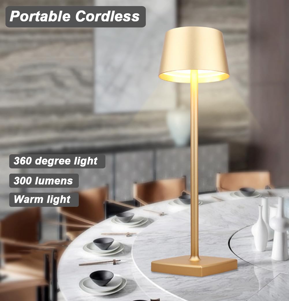 Seihoae Cordless Table Lamp - 6000mAh Rechargeable, IP54 Waterproof, Aluminum Alloy, Touch Dimming, 4W LED Warm Light, Gold