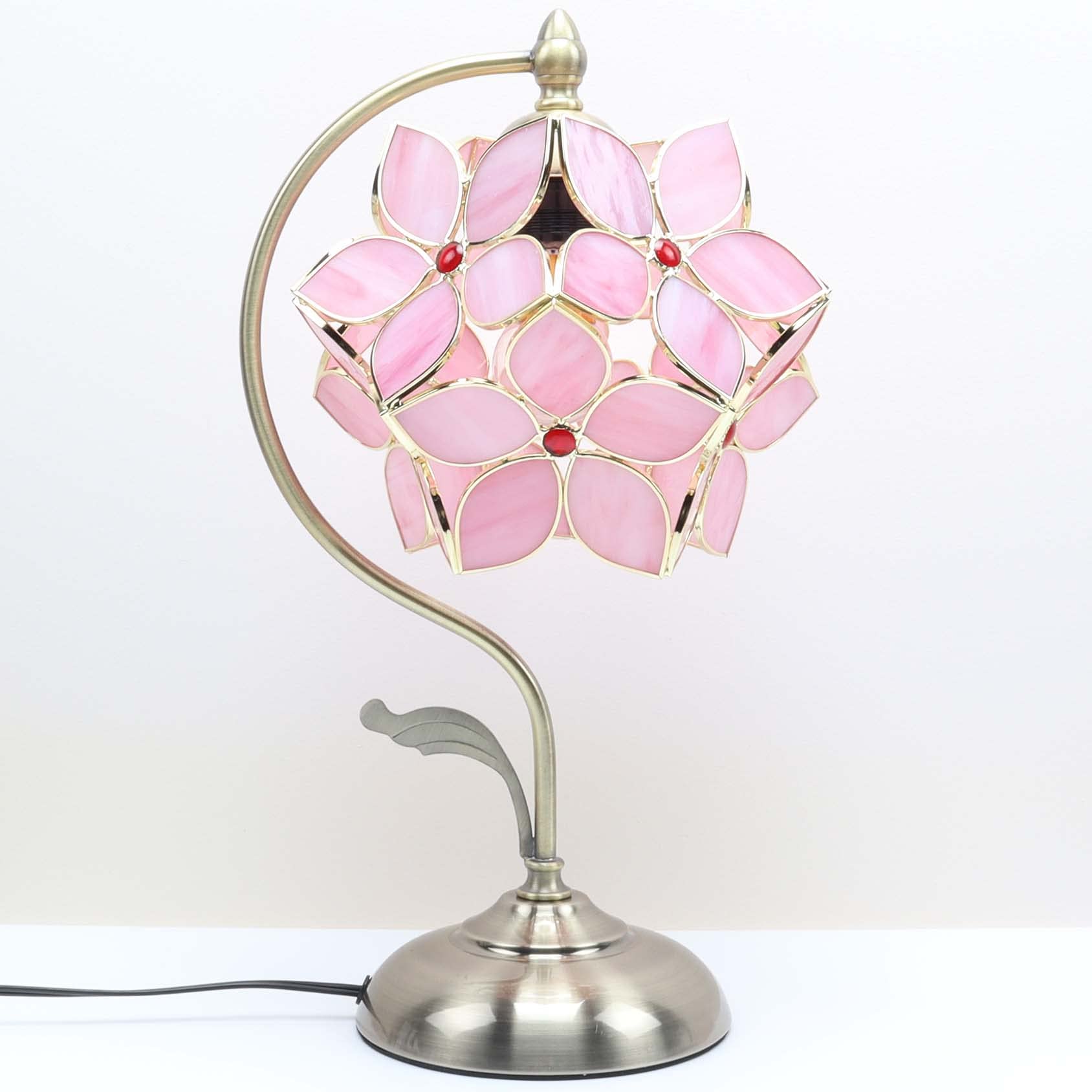 Bieye L10832 Tiffany Style Stained Glass Flower Petal Table Lamp With Brass Base For Home D  Cor (Pink, 8'' Apple Blossom)
