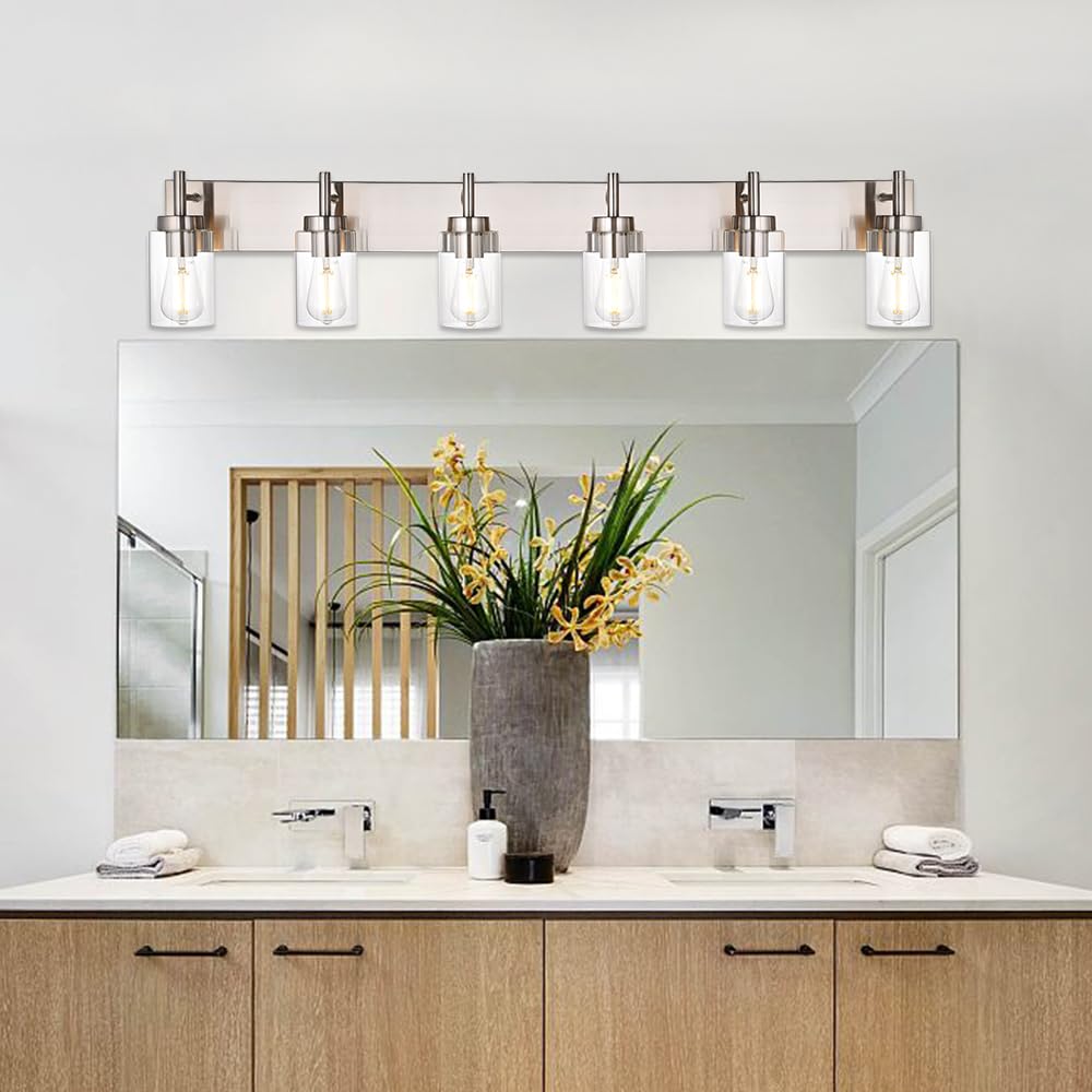 Vinluz Bathroom Vanity Light Fixture Brushed Nickel With Clear Glass 6-Light Modern Wall Lighting Industrial Indoor Sconces Wall