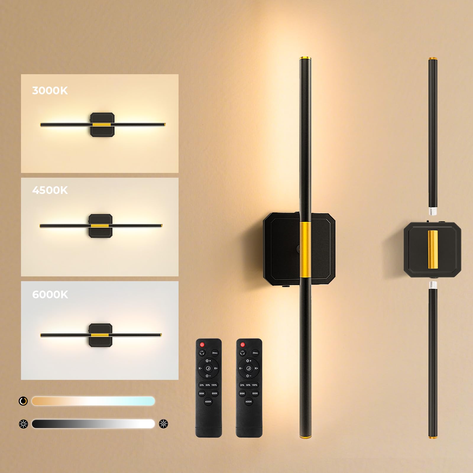 GvvooHome Wall Sconces Set of 2, 3000-6500K Dimmable, 360° Rotate, Rechargeable, Black-Square Base, Model HCP