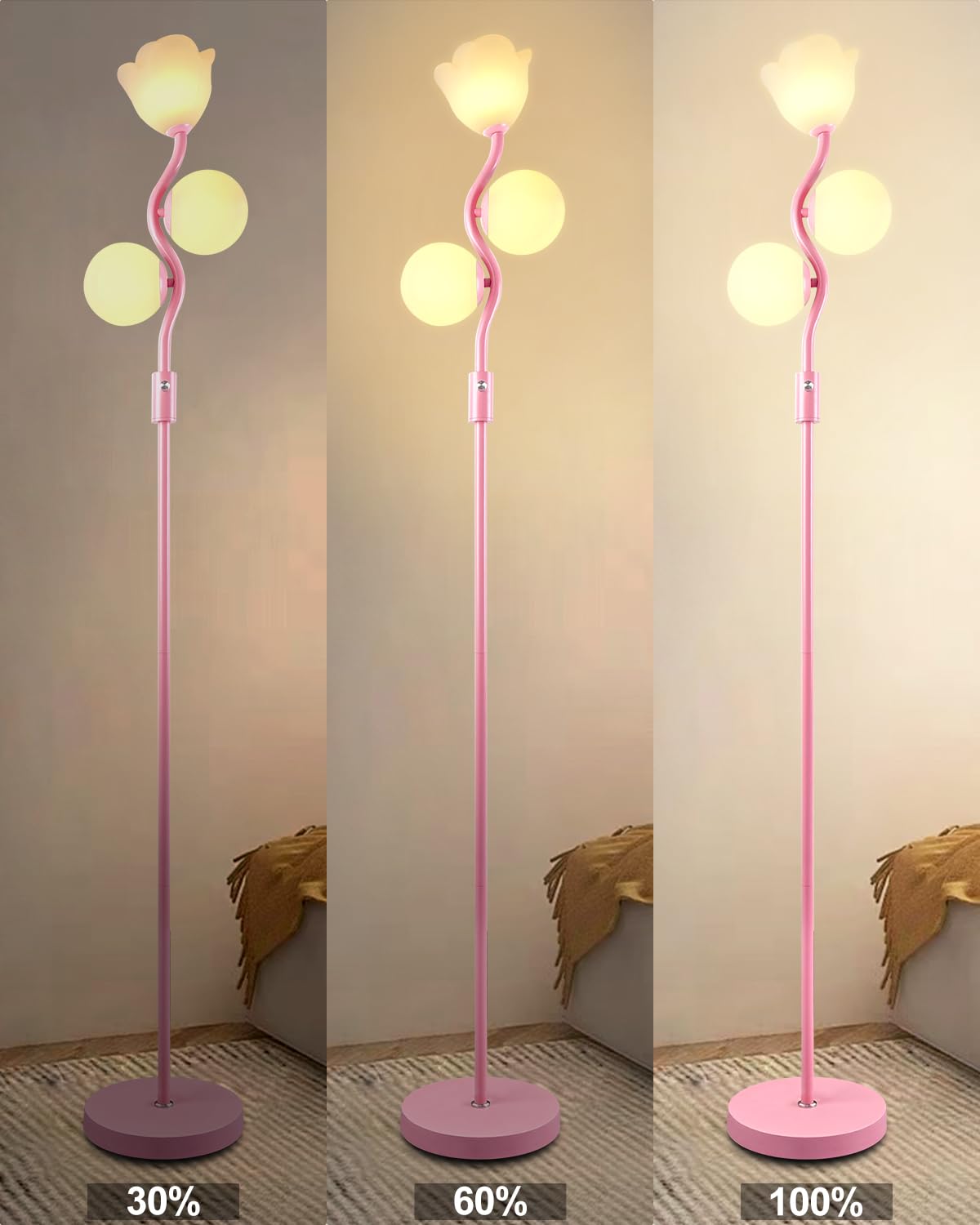Lightdot 65In Dimmable Pink Floor Lamp For Living Room, Mid Century Modern Tall Standing Lamps With 1 Flower & 2Globe Lampshades