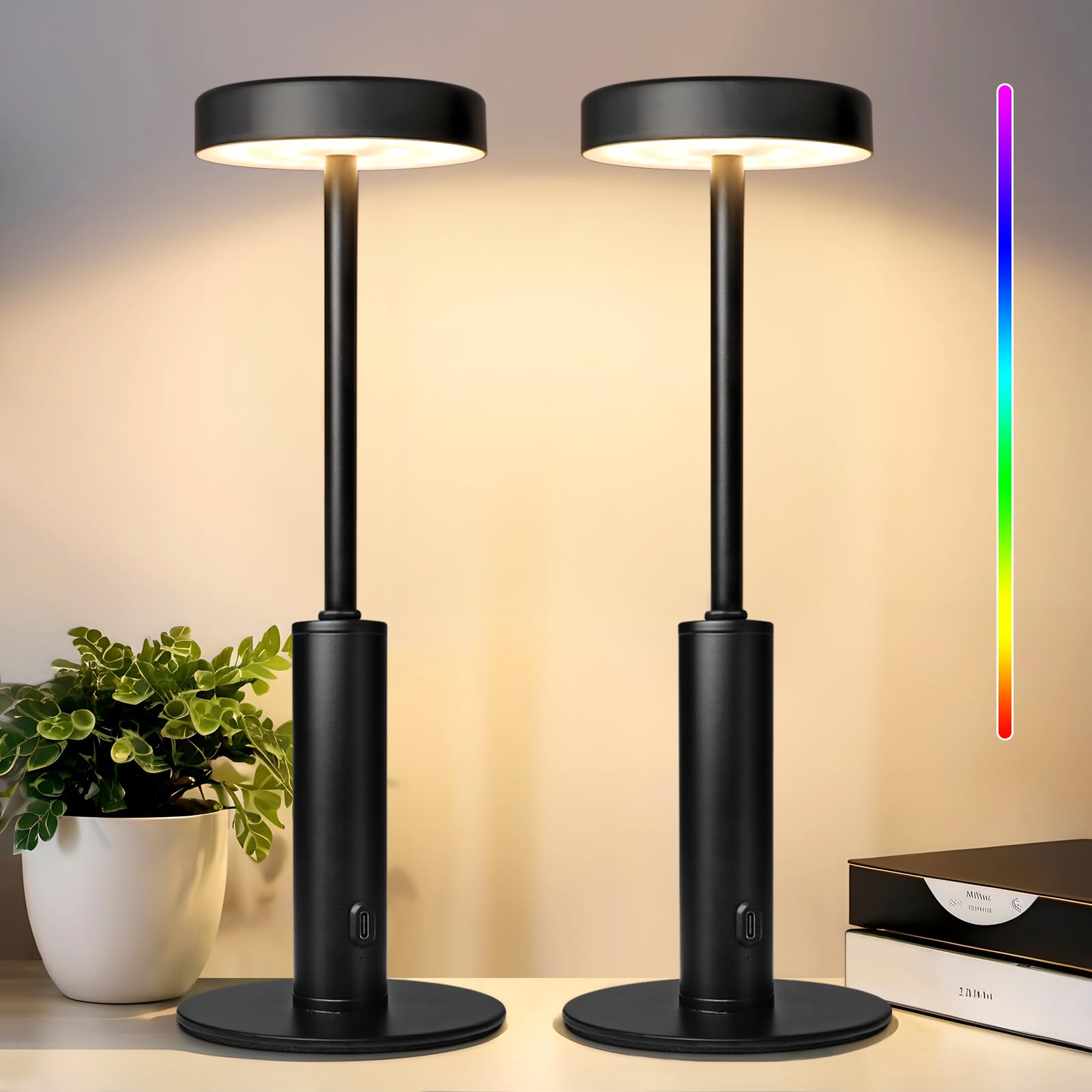 Wowag 2 Pack Small Cordless Table Lamps Rechargeable,5000mAh Battery Operated Portable Desk Lamp,3 Colors & RGB Stepless Dimmabl