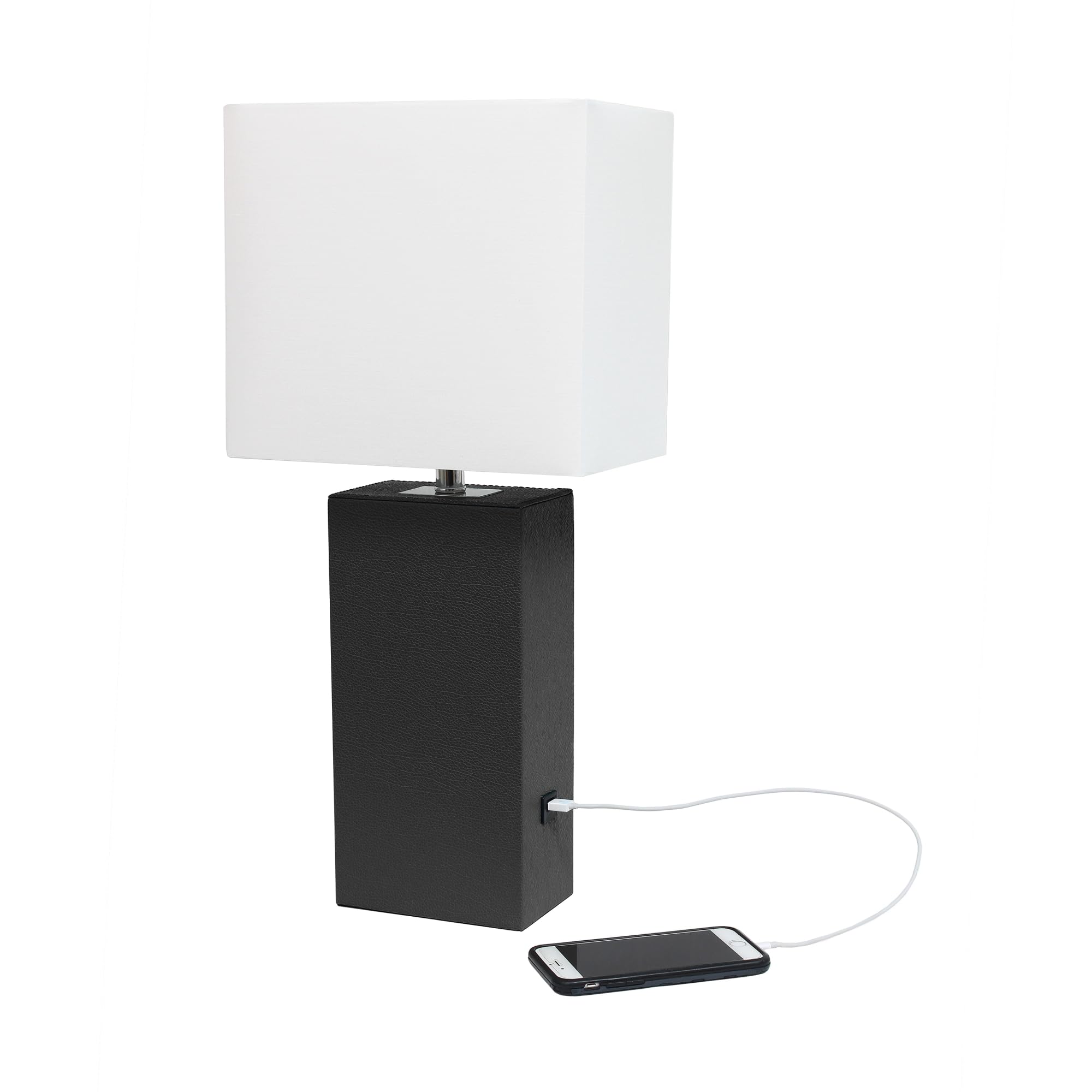 Elegant Designs Lt1053-Blk Modern Leather Usb And White Fabric Shade Table Lamp, Black - (Pack Of 1)
