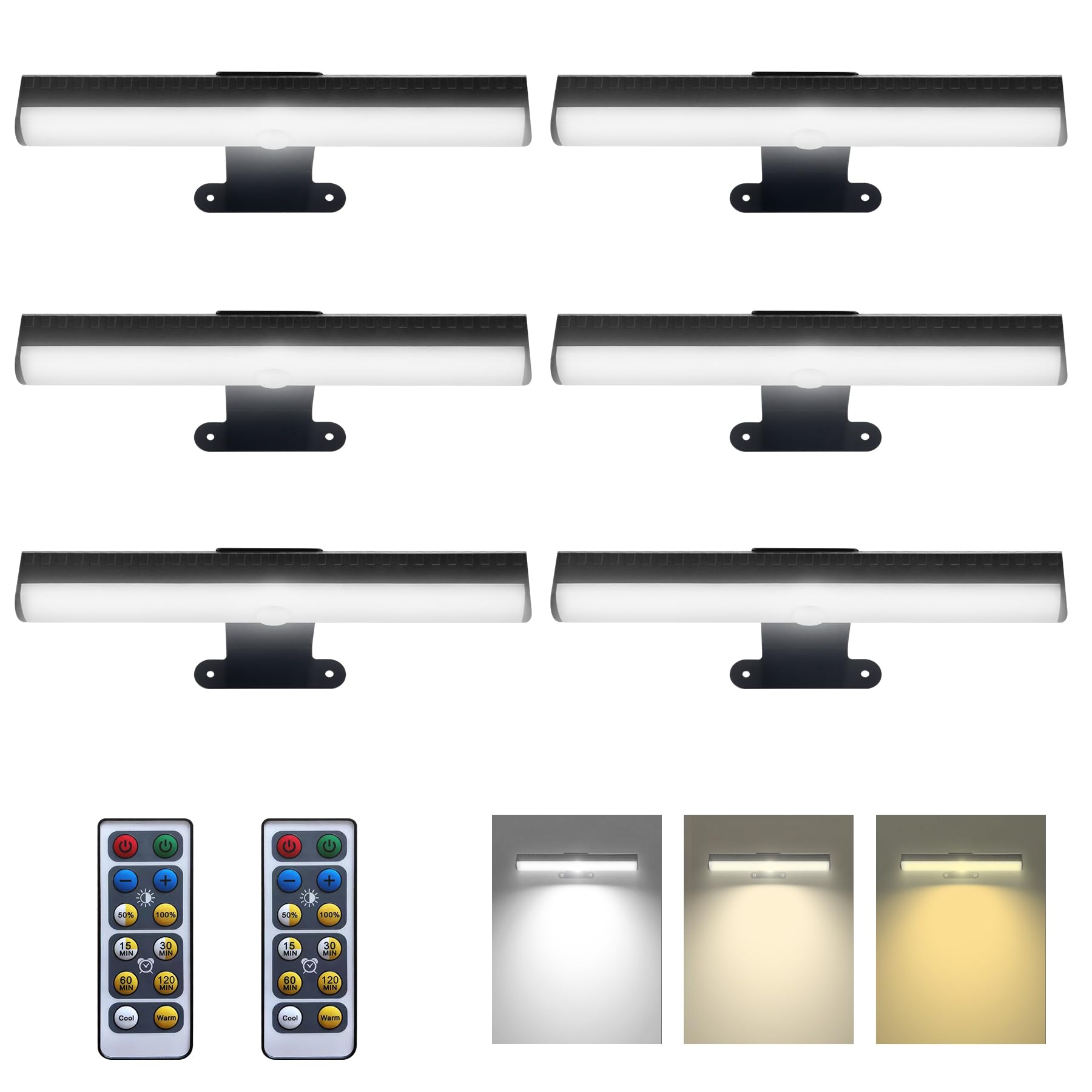 6Pcs Battery Operated Picture Light With 3 Lighting Color discomfort-reducingting Light For Wall With Remote Led For Art Indoor Poster Brightness Dimmable  Timer-Off Display Accent Light For Frame Gallery-Black