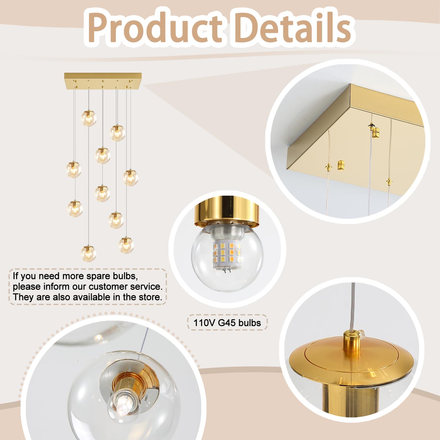Ykolupty 10-Lights Chandeliers For Dining Room Glass Globe Pendant Light Gold Chandeliers Rectangle Pendant Ceiling Light Fixtur