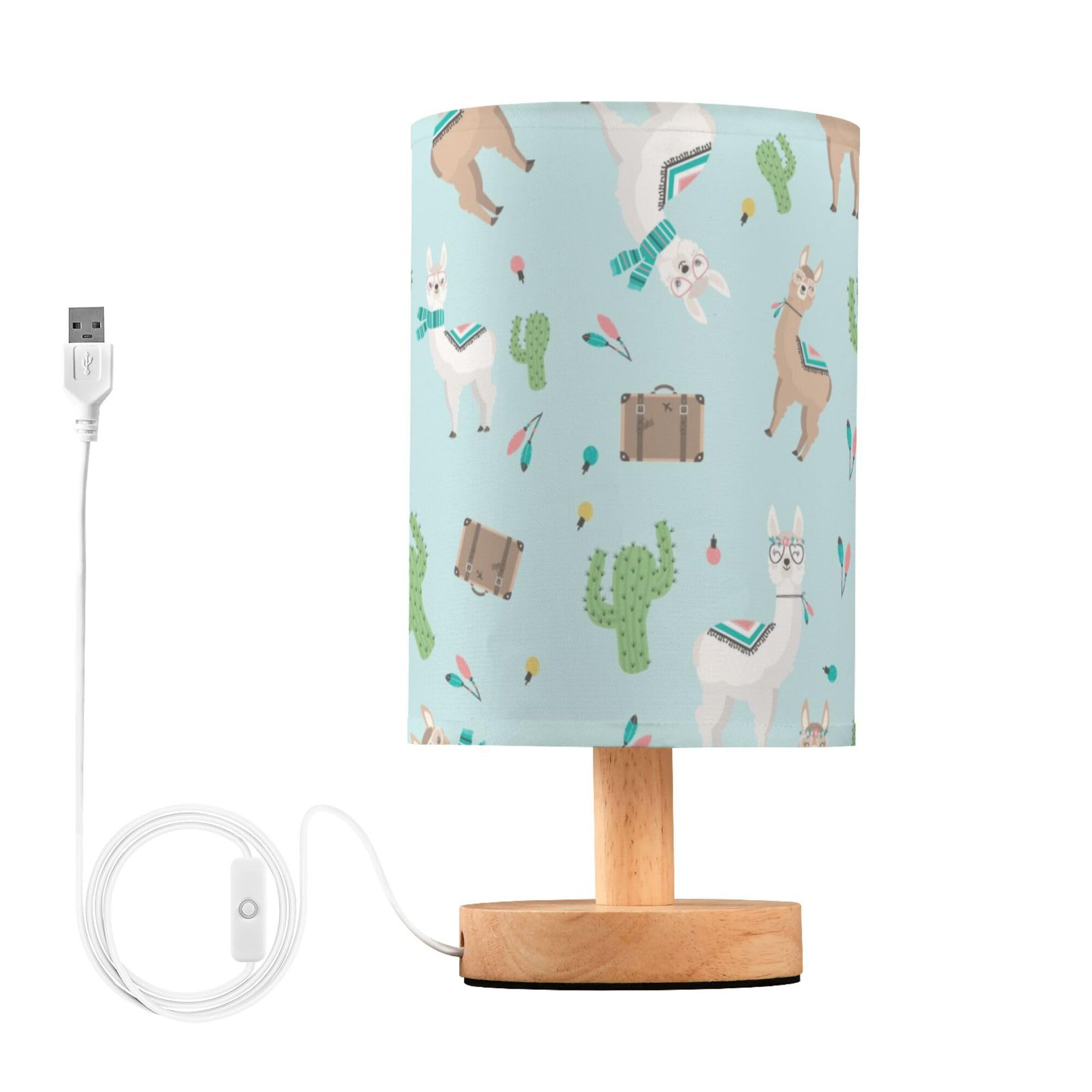 YYZZH Table Lamp Cute Llama and Alpaca Cactus Nightstand Lamp with Wood Base Fabric Lamp Shade Bedside Desk Lamp for Living Room