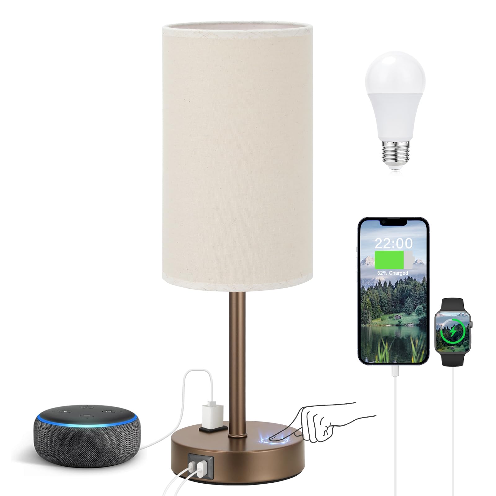 Fenmzee Touch Table Lamp - Beige, 3-Way Dimmable, Usb A + C Charging, Ac Outlet, 17.4Inch Medium, Brown Metal Base