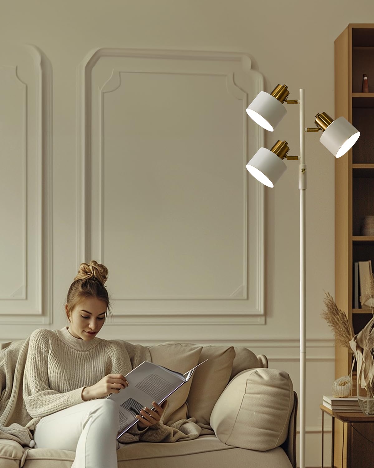 OYEARS Floor Lamp 3-Light LED Metal Tall Modern Vintage Standing Cream Black AMZ-F475