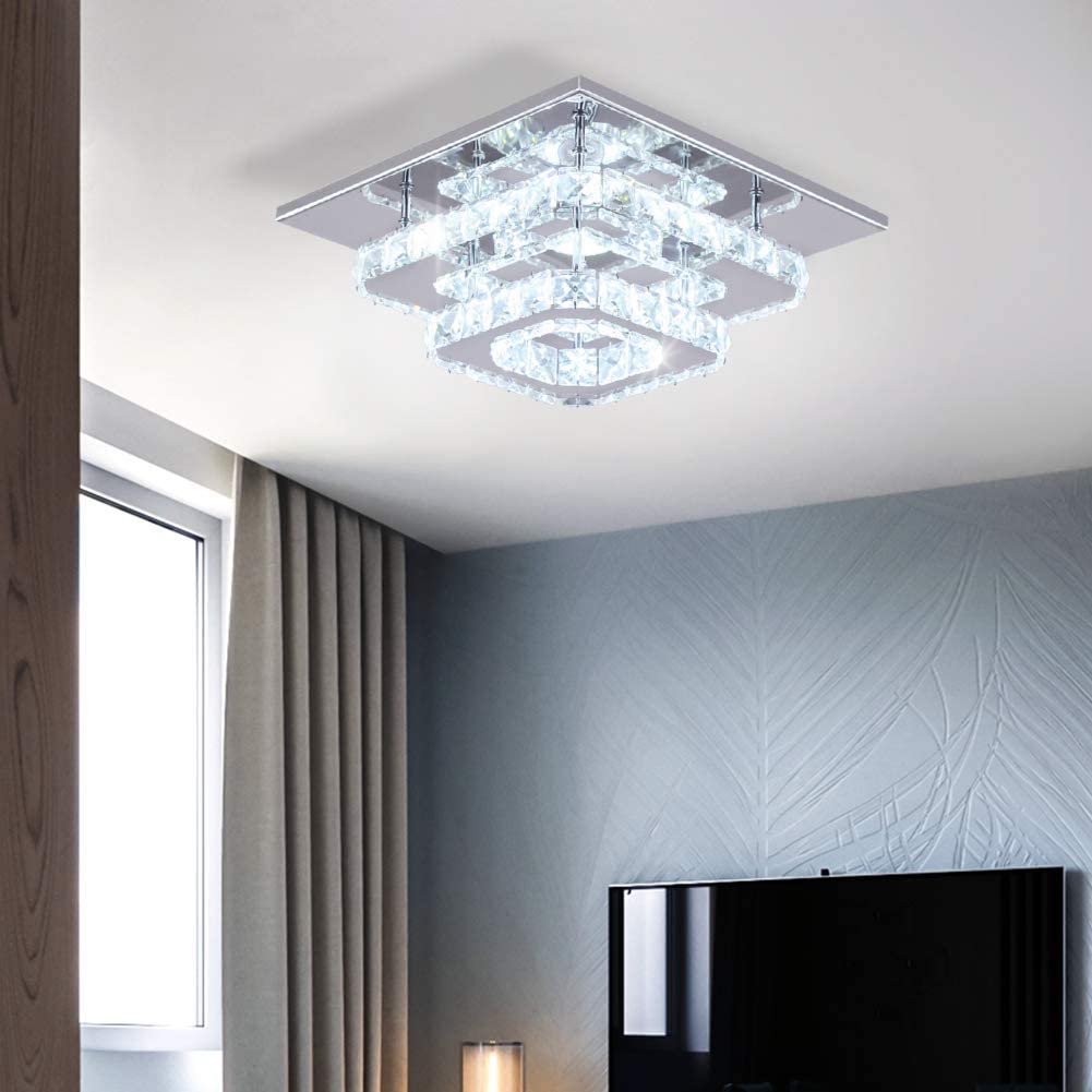Finktonglan Crystal Led Ceiling Light - Modern Flush Mount Chandelier For Dining Room & Bedroom, Cool White