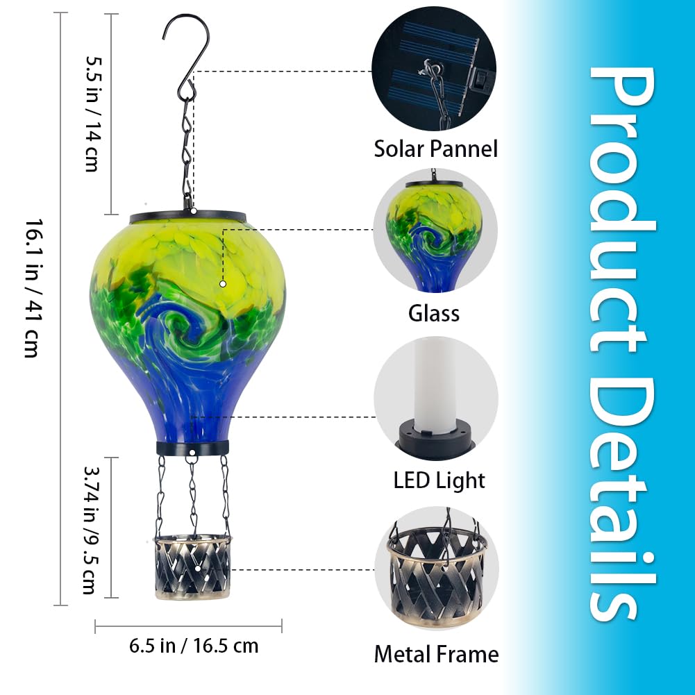 Giole Tie-Dye Style Solar Hot Air Balloon Outdoor Lantern With Flickering Flame, Waterproof Hanging Outdoor Lantern Decorative G