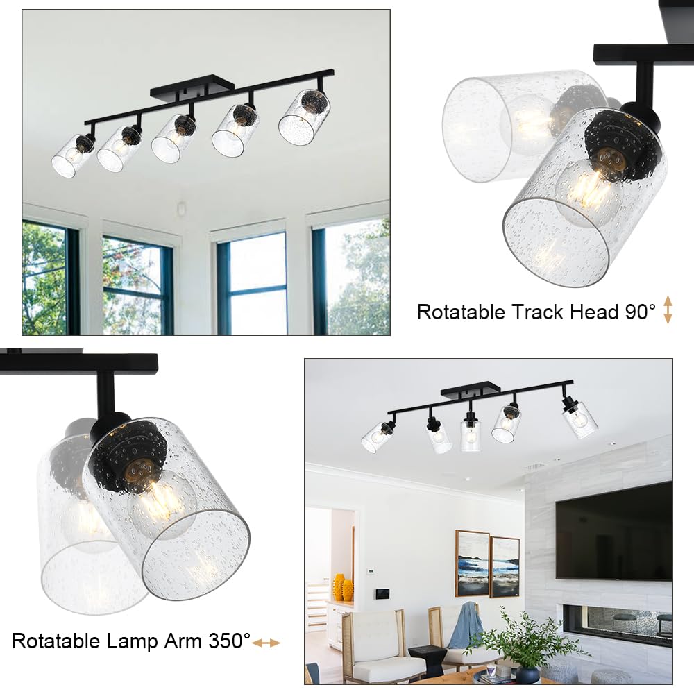 Winshen 5-Light Track Lighting Fixtures, Black Flush Mount Ceiling Light Bathroom Wall Sconce Spotlight, Seeded Glass Shade