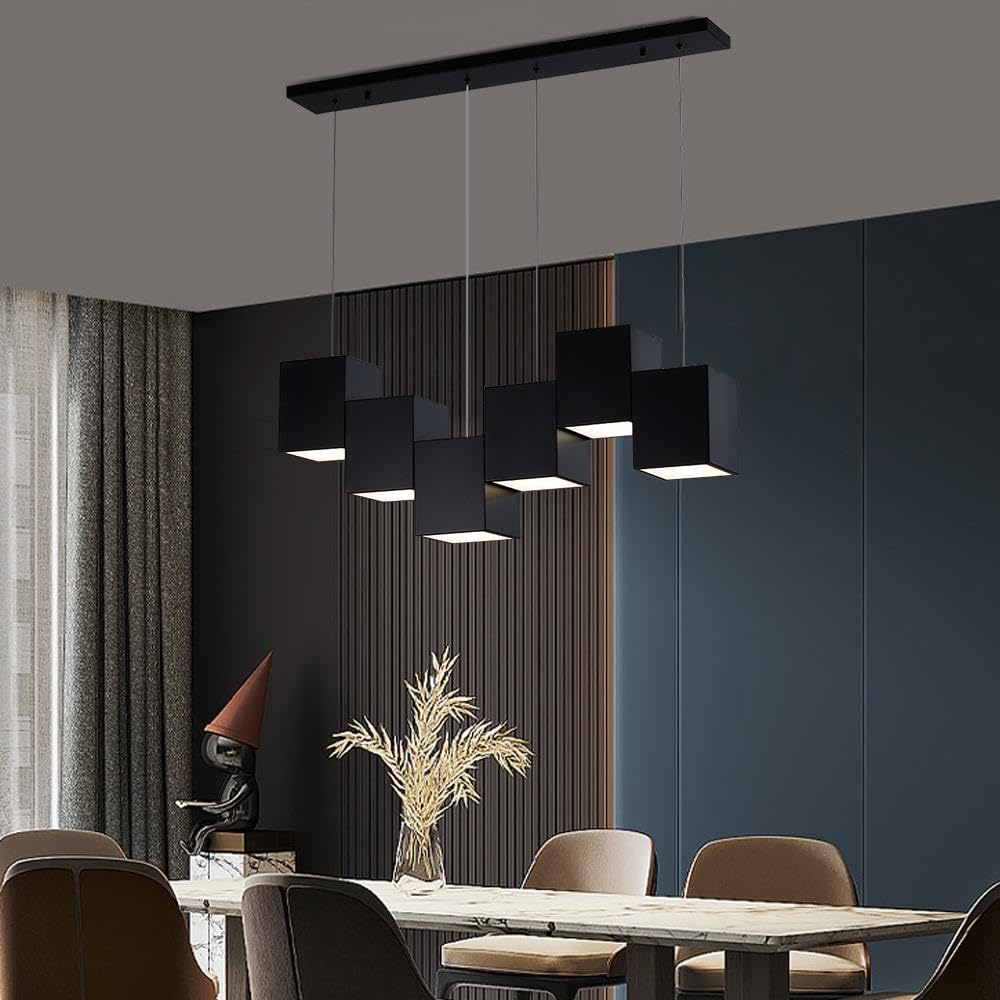 Buluxe Modern Black Kitchen Island Lighting, Linear Chandeliers For Dining Room 6-Light Square Ceiling Hanging Pendant Light